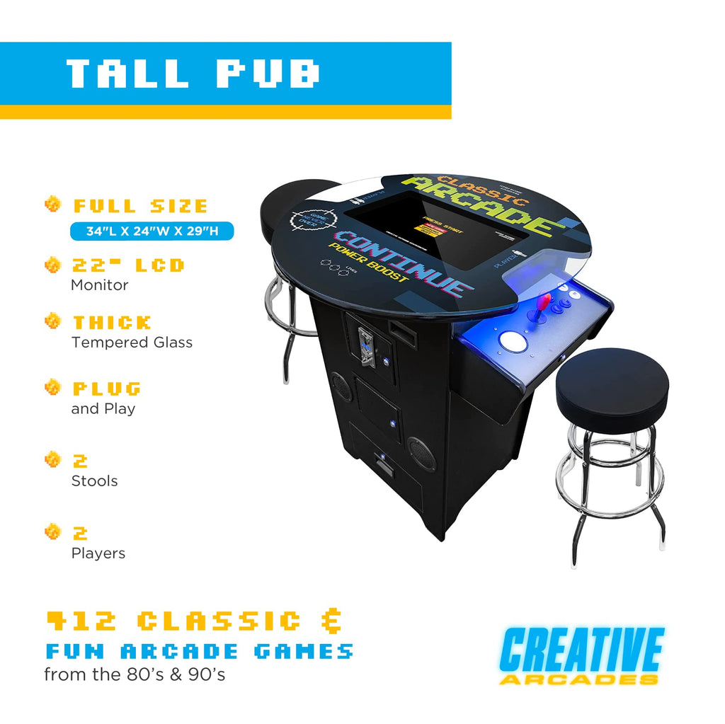 Creative Arcades Full-Size Commercial Grade Machine -Pub Style Arcade Table for 2 Player Cabinet for Home, 412 Games, Multiplayer Control Panel and Screen Size 22 inch.