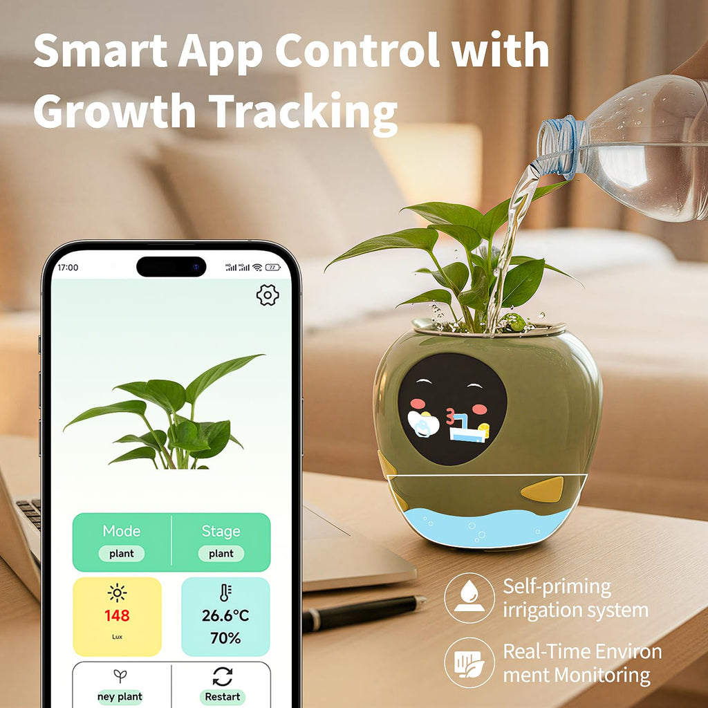 Plantbot Upgraded Large Smart Flower Pot Pet Planter Robot with Artificial Intelligence, Time Temperature Display, and Numerous Expressive Animations Based, for Indoor Decoration, Gifts (Yellow)