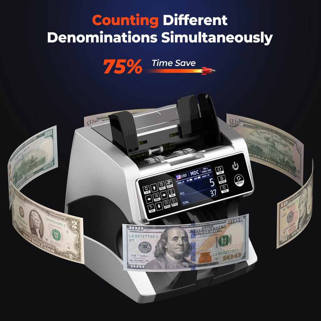 MUNBYN IMC01 Bank Grade Money Counter Machine Mixed Denomination, 2CIS/UV/IR/MG/MT Counterfeit Detection, Serial Number, MUL Currency Cash Counter, Printer Compatible, 2Y Warranty (White)