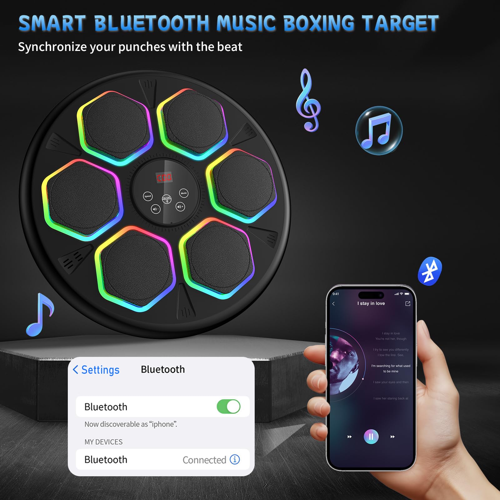 GAINO Music Boxing Machine, Smart Bluetooth Boxing Machine for Adults & Kids with 2 Boxing Gloves, 12 Modes/Speeds, Wall Mounted Music Boxing Workout Equipment for Home Office Gym(Black)