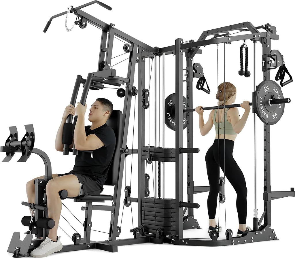 GMWD Dual-Station SmithΔ Machine Power Cage, All-in-One Home Gym Workout Station with 121LB Weight Stacks & Cable Crossover, Professional Functional Trainer for Couples & Family Strength Training