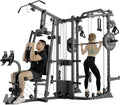 GMWD Dual-Station SmithΔ Machine Power Cage, All-in-One Home Gym Workout Station with 121LB Weight Stacks & Cable Crossover, Professional Functional Trainer for Couples & Family Strength Training
