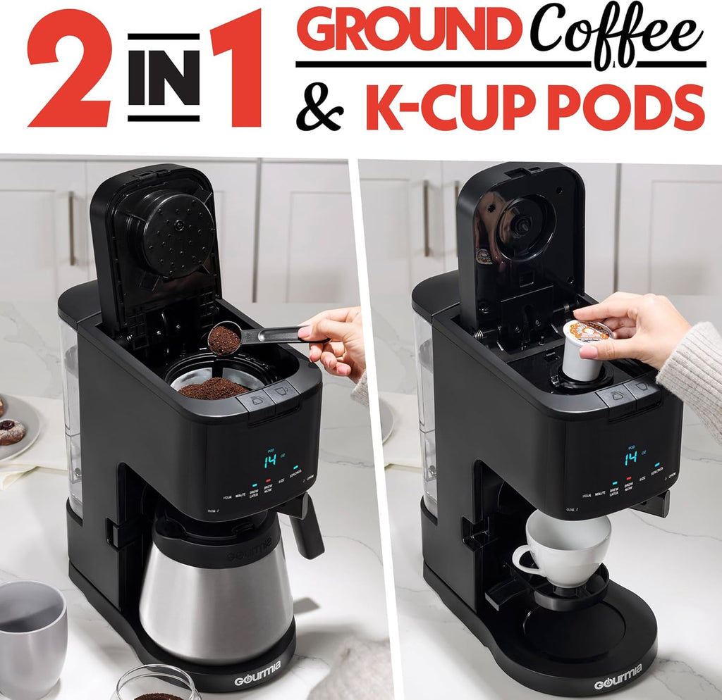 Gourmia 2-in-1 Single Serve and 12 Cup Coffee Maker - Drip Brew, K-Cup Compatible, Programmable, Pause and Serve, Removable Filter, Thermal Carafe, Black