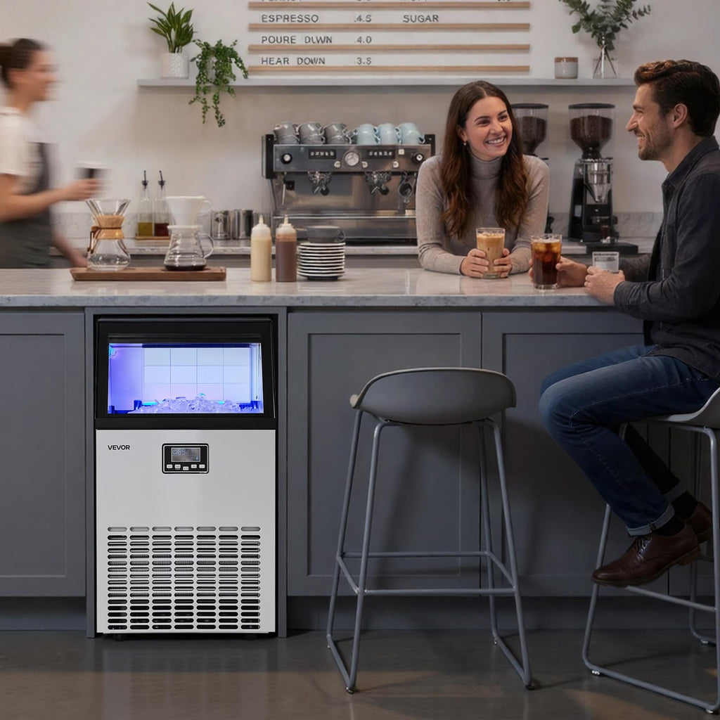VEVOR Commercial Ice Maker Machine, 100 lbs/24h with 30-35 lbs Storage, Bullet Ice,Built-in/Freestanding/Under Counter, Stainless Steel Ice Maker with LED Display for Home Bar Restaurant