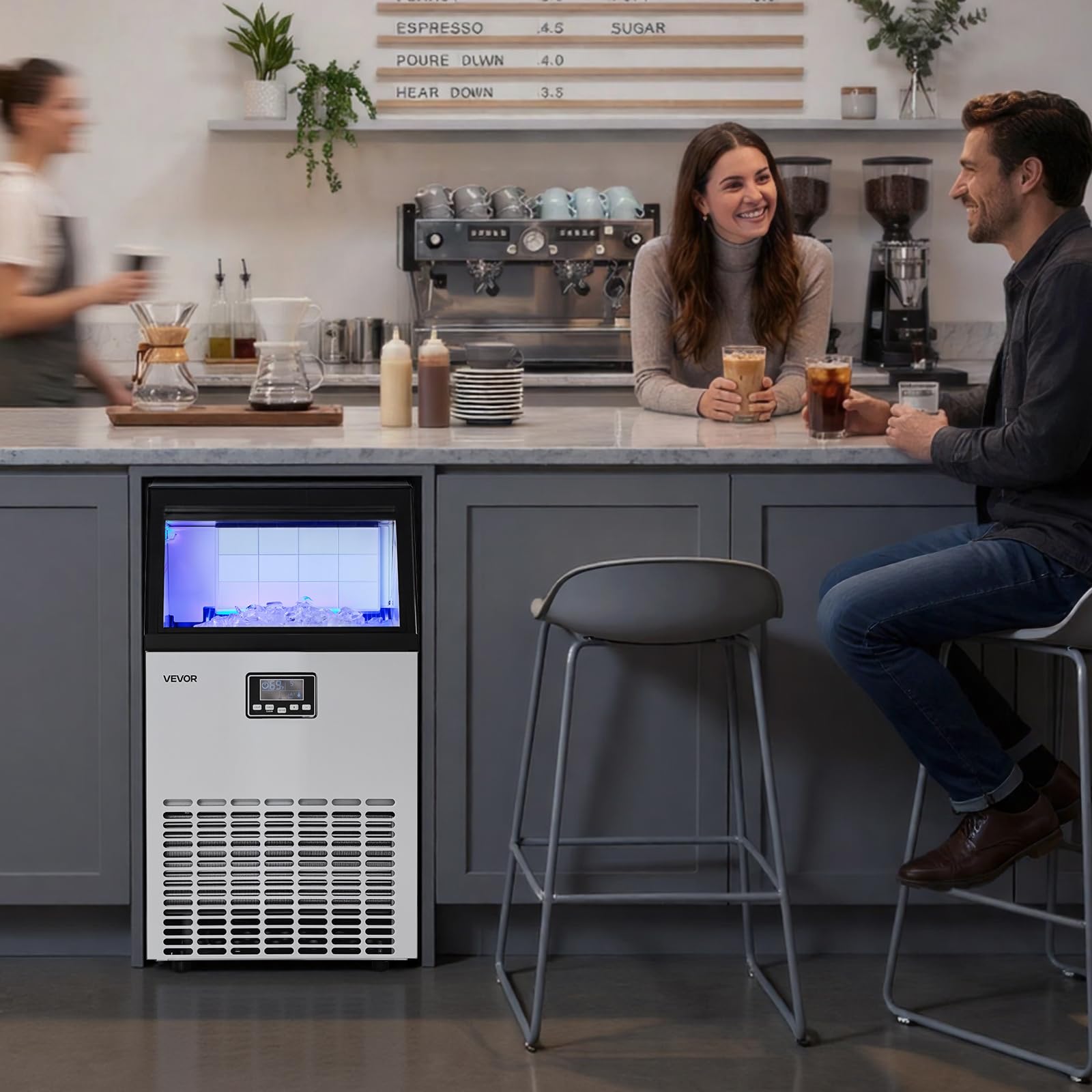 VEVOR Commercial Ice Maker Machine with Pump, 360 lbs/24h with 85 lbs Storage Capacity, Built-in/Freestanding/Under Counter, Stainless Steel Ice Maker with LED Display & Self-Cleaning, for Home Bar
