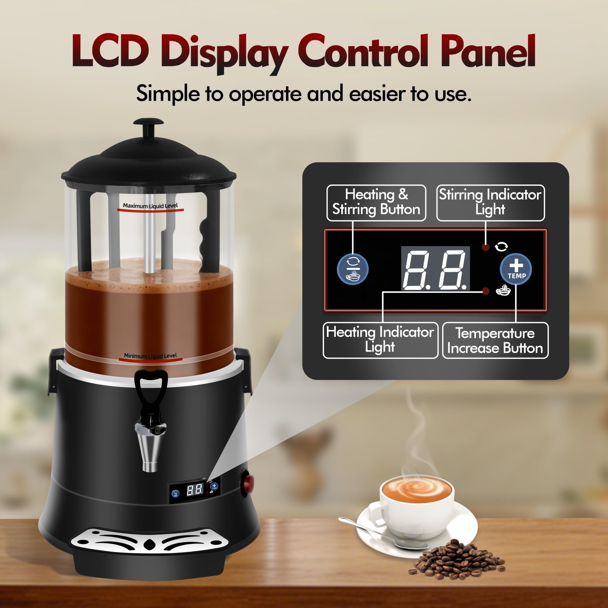 10L/2.6Gal Commercial Hot Chocolate Machine,Hot Beverage Maker, 86-194°F Intelligent Temperature Control, Hot Drink Dispenser for Coffee, Chocolate, Cocoa, Milk, Tea, Juice, Black