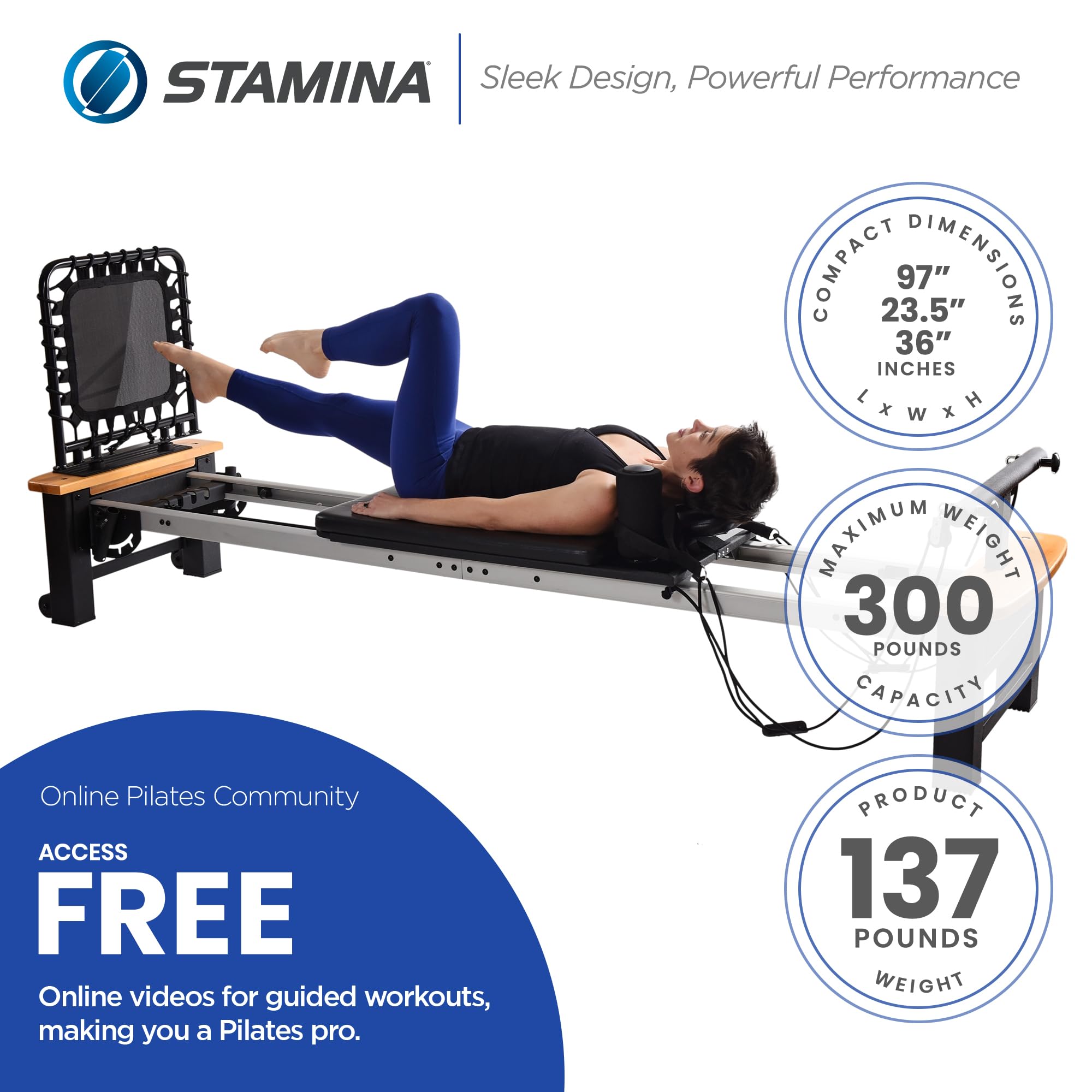 Stamina Products AeroPilates Board Reformer with Oak Wood Base – Studio Grade for Home Use with Cardio Rebounder, Adjustable Foot Bar, 4 Resistance Springs, and Workout DVD