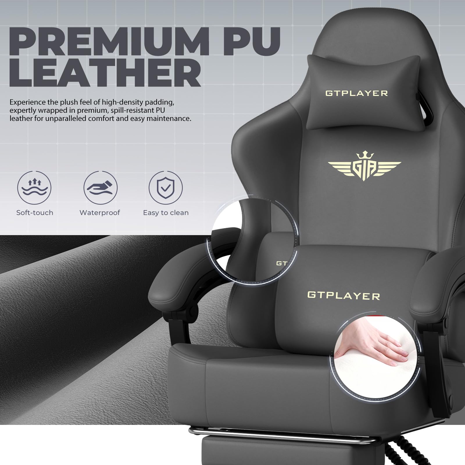 GTPLAYER Gaming Chair with Pocket Spring Cushion, Big and Tall Gamings Chairs 350LBS High Back Computer Chair with Footrest for Adults Lumbar Support Swivel Game Chair for Office,Leather Black-Massage