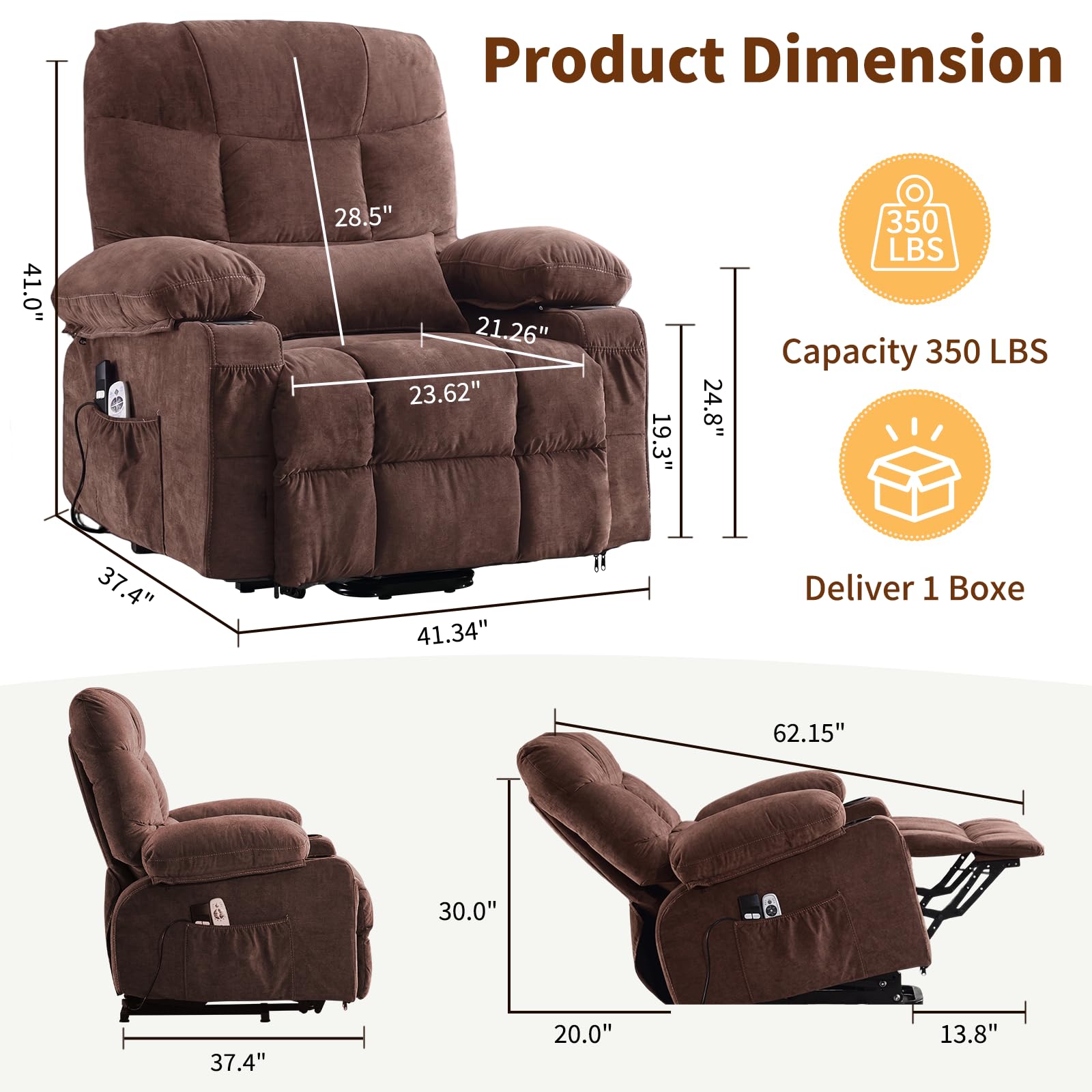 Power Lift Recliner Chair for Elderly with Massage and Heat, Comfortable Electric Power Reclining Chair with Side Pockets,2 Cup Holders and USB Charging Port for Living Room (Grey)