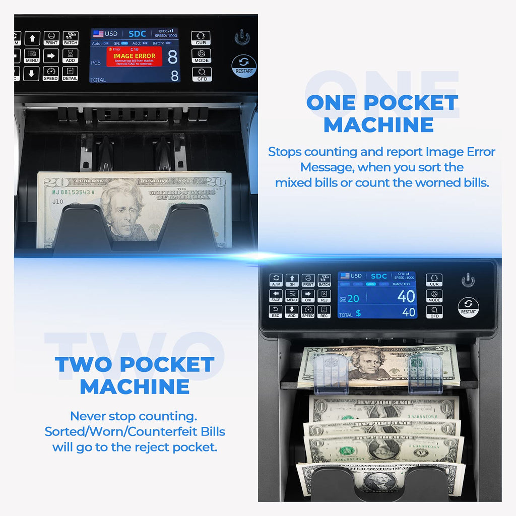 MUNBYN IMC08 Dual Money Counter Machine Mixed Denomination with Reject Pocket, Value Counting, Counterfeit Detection 2 CIS/UV/MG/IR, Sort&Print Enabled Cash Counter, Mixed Bill Counter (Black)