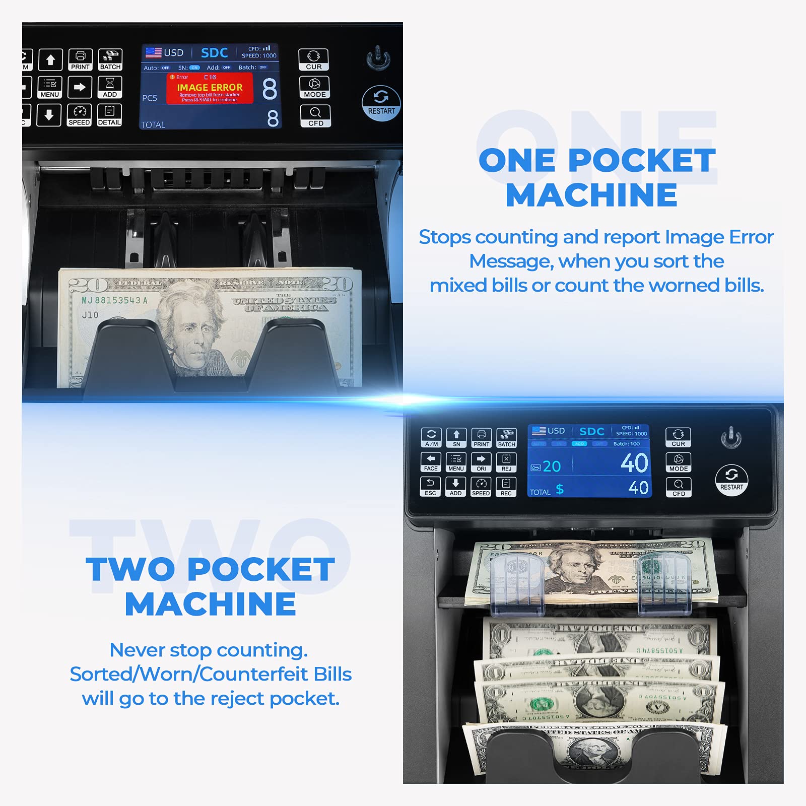 MUNBYN IMC08 Dual Money Counter Machine Mixed Denomination with Reject Pocket, Value Counting, Counterfeit Detection 2 CIS/UV/MG/IR, Sort&Print Enabled Cash Counter, Mixed Bill Counter (Black)