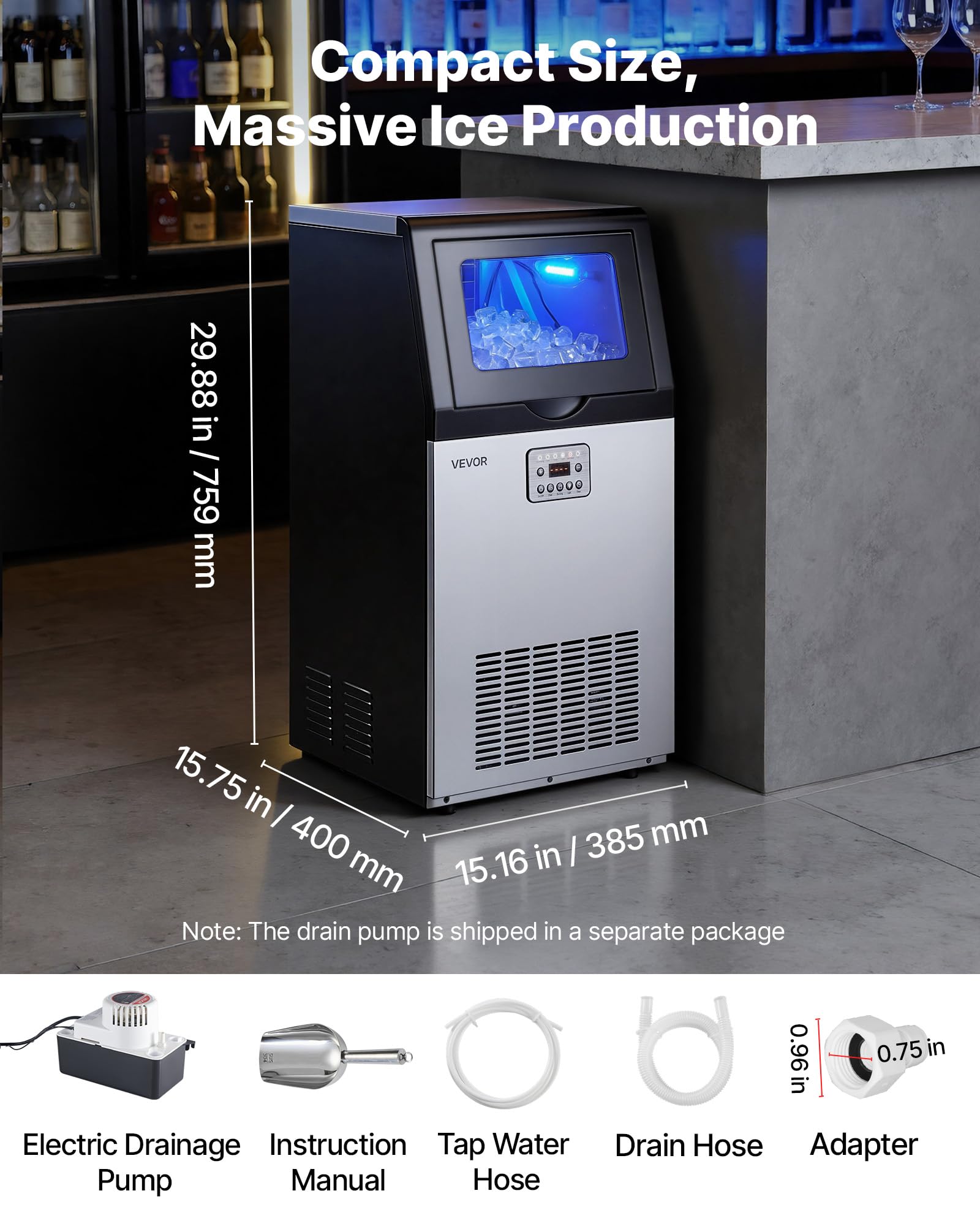 VEVOR Commercial Ice Maker Machine with Pump, 360 lbs/24h with 85 lbs Storage Capacity, Built-in/Freestanding/Under Counter, Stainless Steel Ice Maker with LED Display & Self-Cleaning, for Home Bar