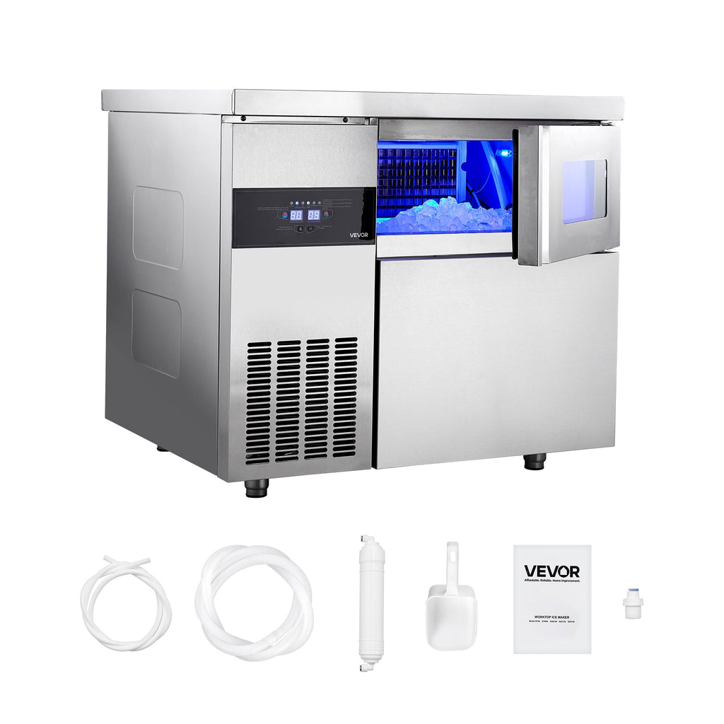 VEVOR Commercial Ice Maker Machine, 330 lbs/24H Stainless Steel Ice Machine with Worktop, 88 lbs Storage & 144 Cubes/Cycle, Self-Cleaning Freestanding Ice-Making for Home Bar Office Restaurant Kitchen