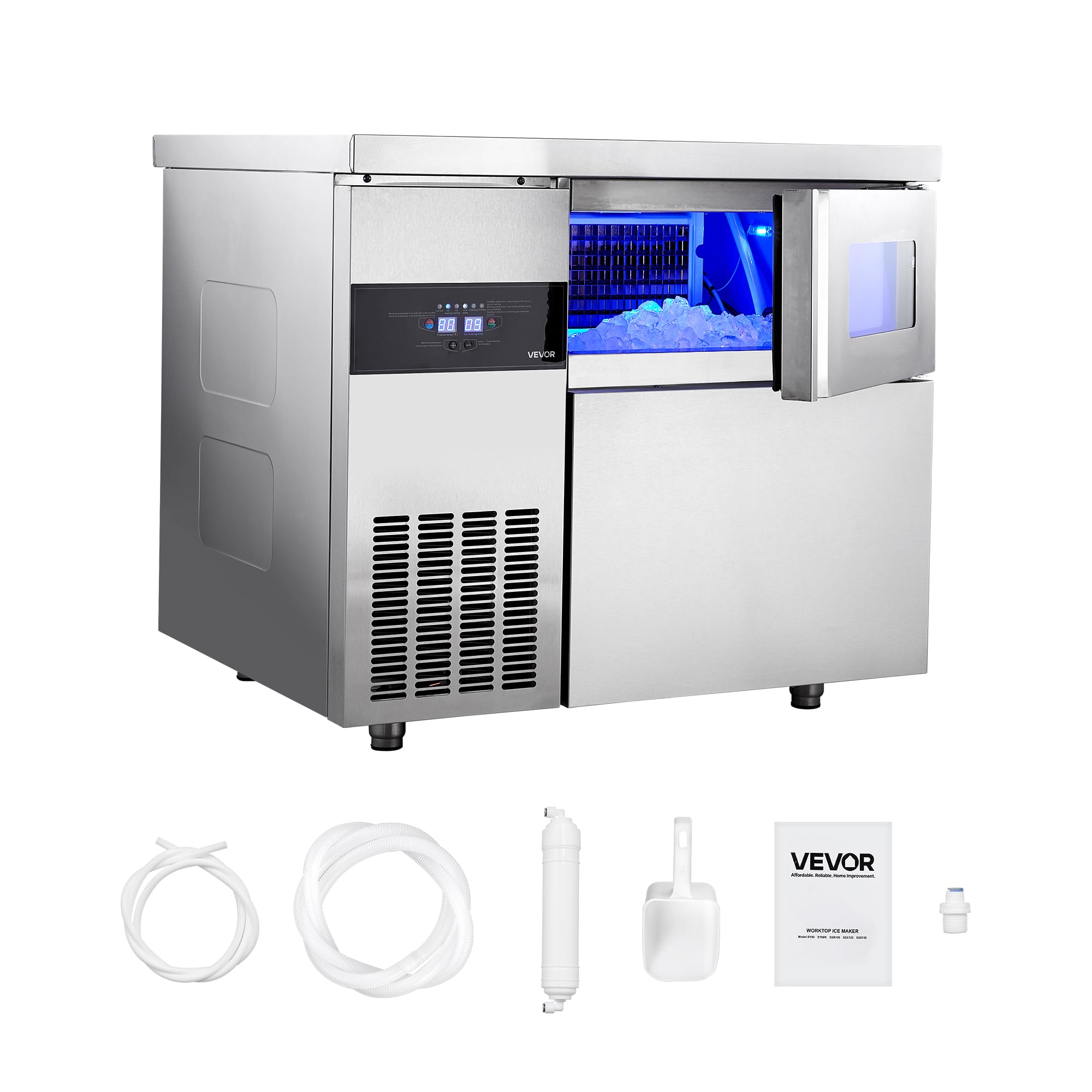 VEVOR Commercial Ice Maker Machine, 330 lbs/24H Stainless Steel Ice Machine with Worktop, 88 lbs Storage & 144 Cubes/Cycle, Self-Cleaning Freestanding Ice-Making for Home Bar Office Restaurant Kitchen