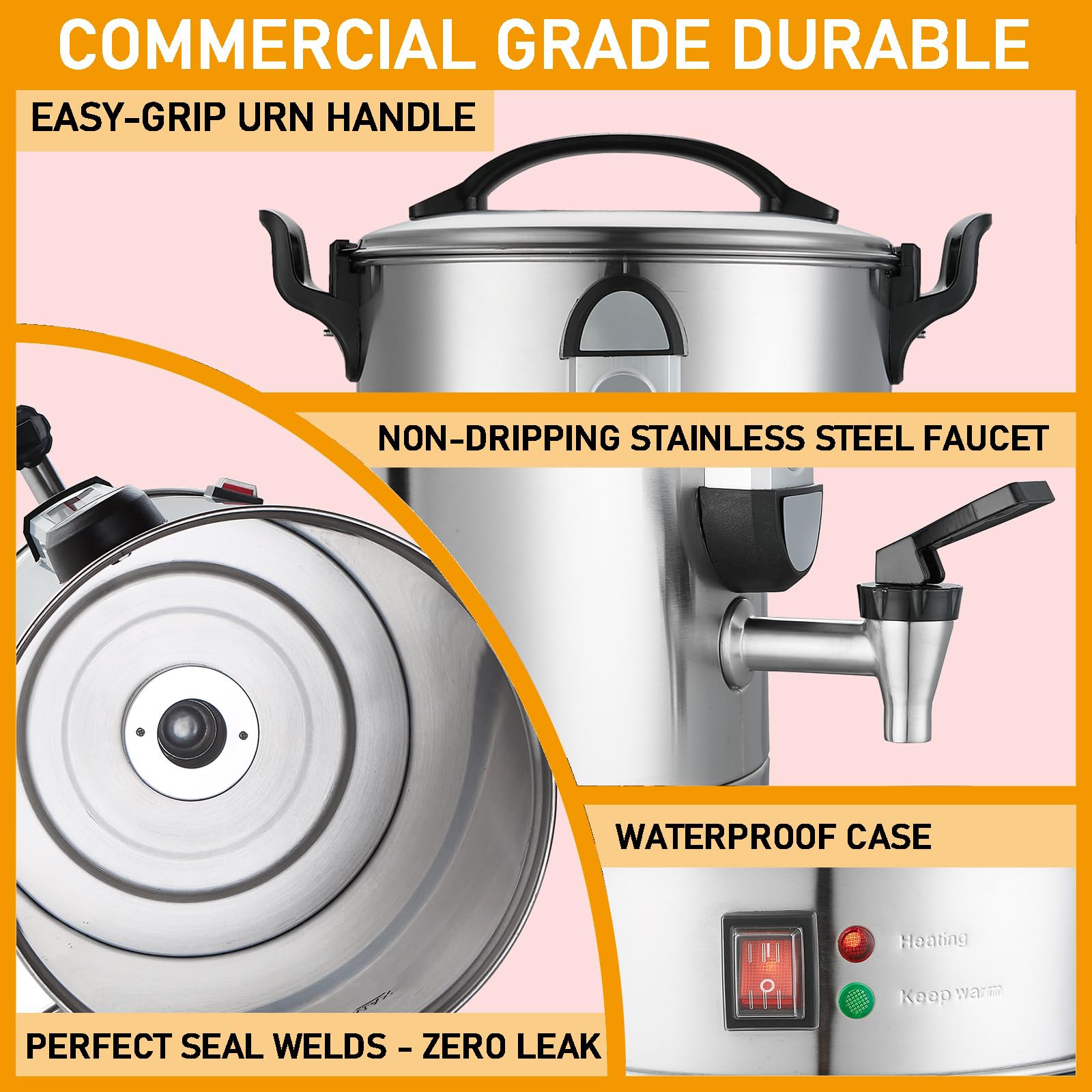 Fattong's Lab Commercial Coffee Urn, 120 Cup/20L Large Coffee Maker for Catering & Events, Stainless Steel Percolator, 1300W Quick Brew Hot Water Dispenser with Double Wall Insulation, Silver