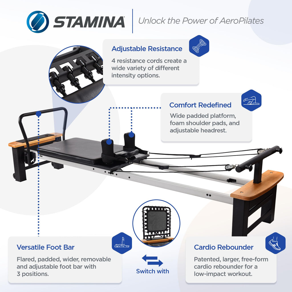 Stamina Products AeroPilates Board Reformer with Oak Wood Base – Studio Grade for Home Use with Cardio Rebounder, Adjustable Foot Bar, 4 Resistance Springs, and Workout DVD