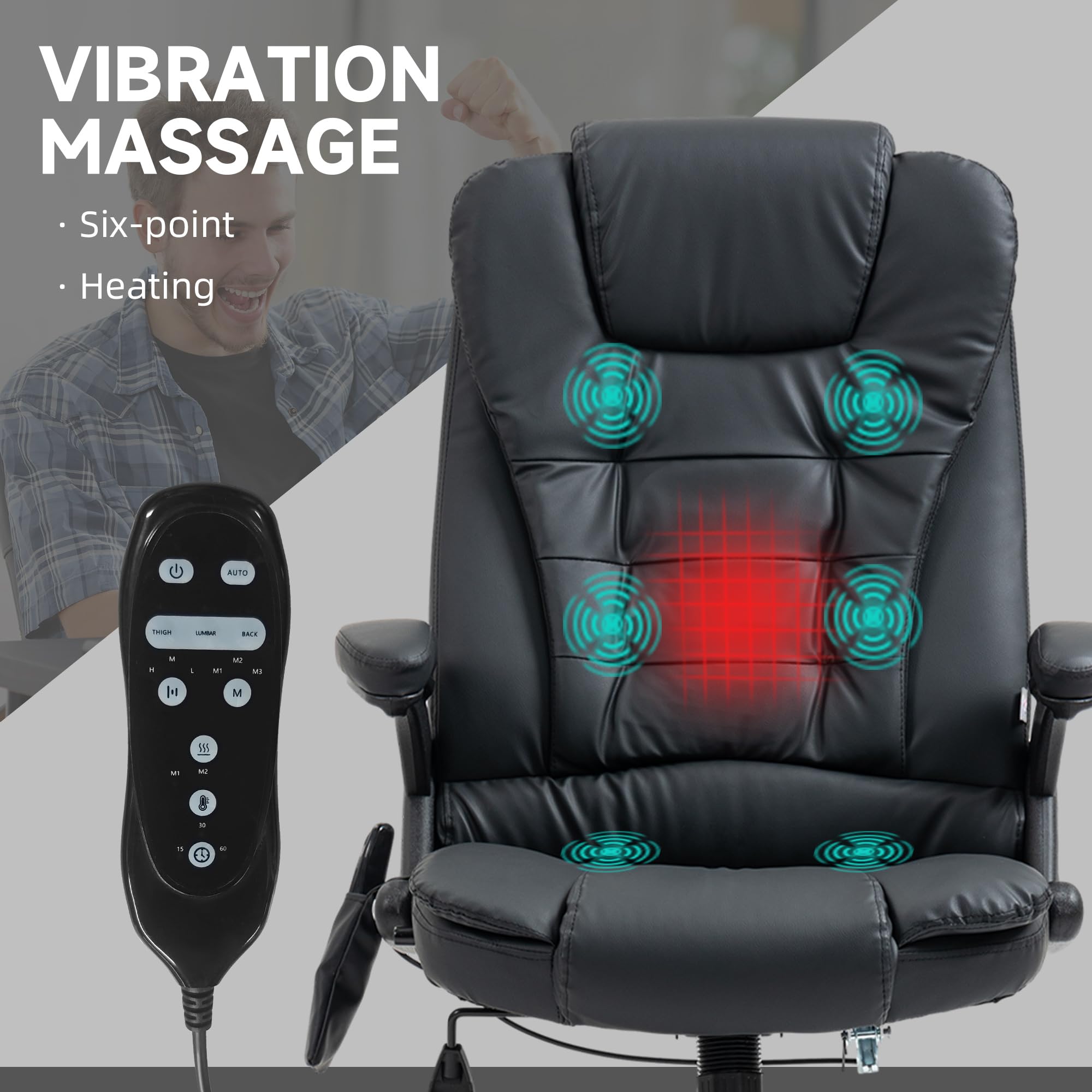 HOMCOM High Back Vibration Massage Office Chair with 6 Vibration Points, Heated Reclining PU Leather Computer Chair with Armrest and Remote, Brown