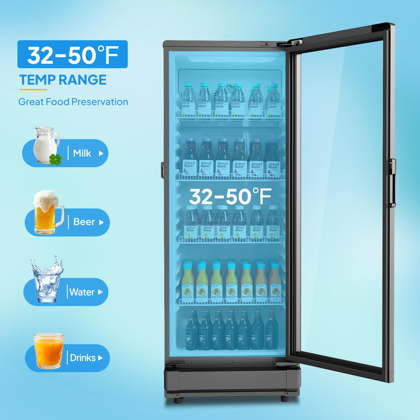 ROVSUN 8 Cu.Ft Commercial Refrigerator Display Refrigerator ETL NSF Certified, Slim Commercial Beverage Cooler Glass Door Merchandiser Drink Fridge w/Adjustable Shelves LED Light for Bar Restaurant