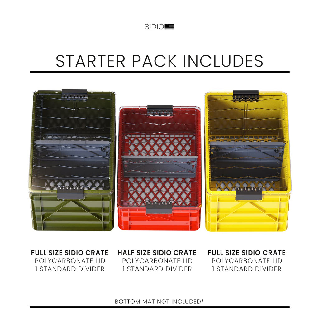 SIDIO CRATE Starter Pack - Two Full Size and One Half Size SidioCrate, Stackable Outdoor Organizer Storage Bins with Clear Lid and Dividers - Tan