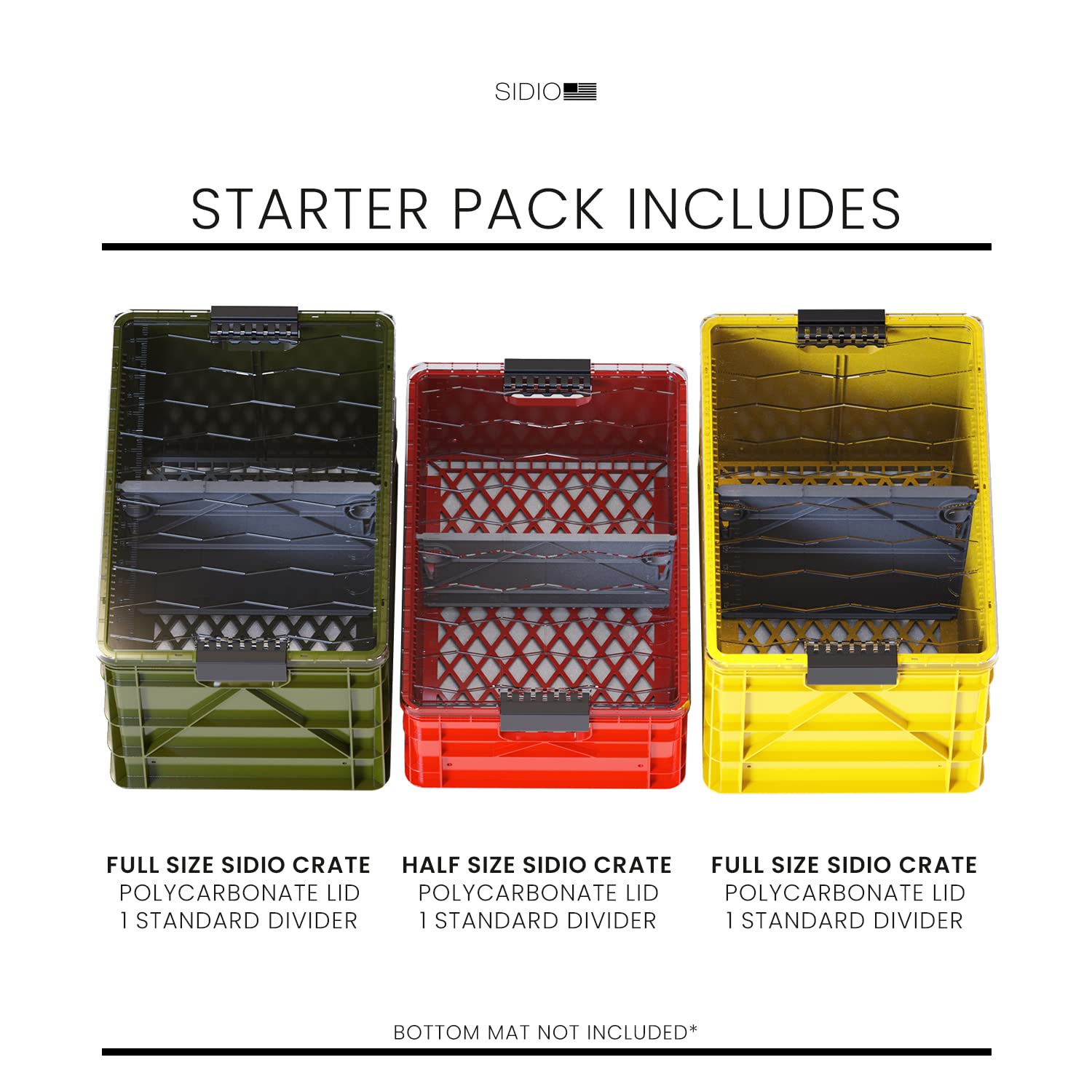 SIDIO CRATE Starter Pack - Two Full Size and One Half Size SidioCrate, Stackable Outdoor Organizer Storage Bins with Clear Lid and Dividers - Tan