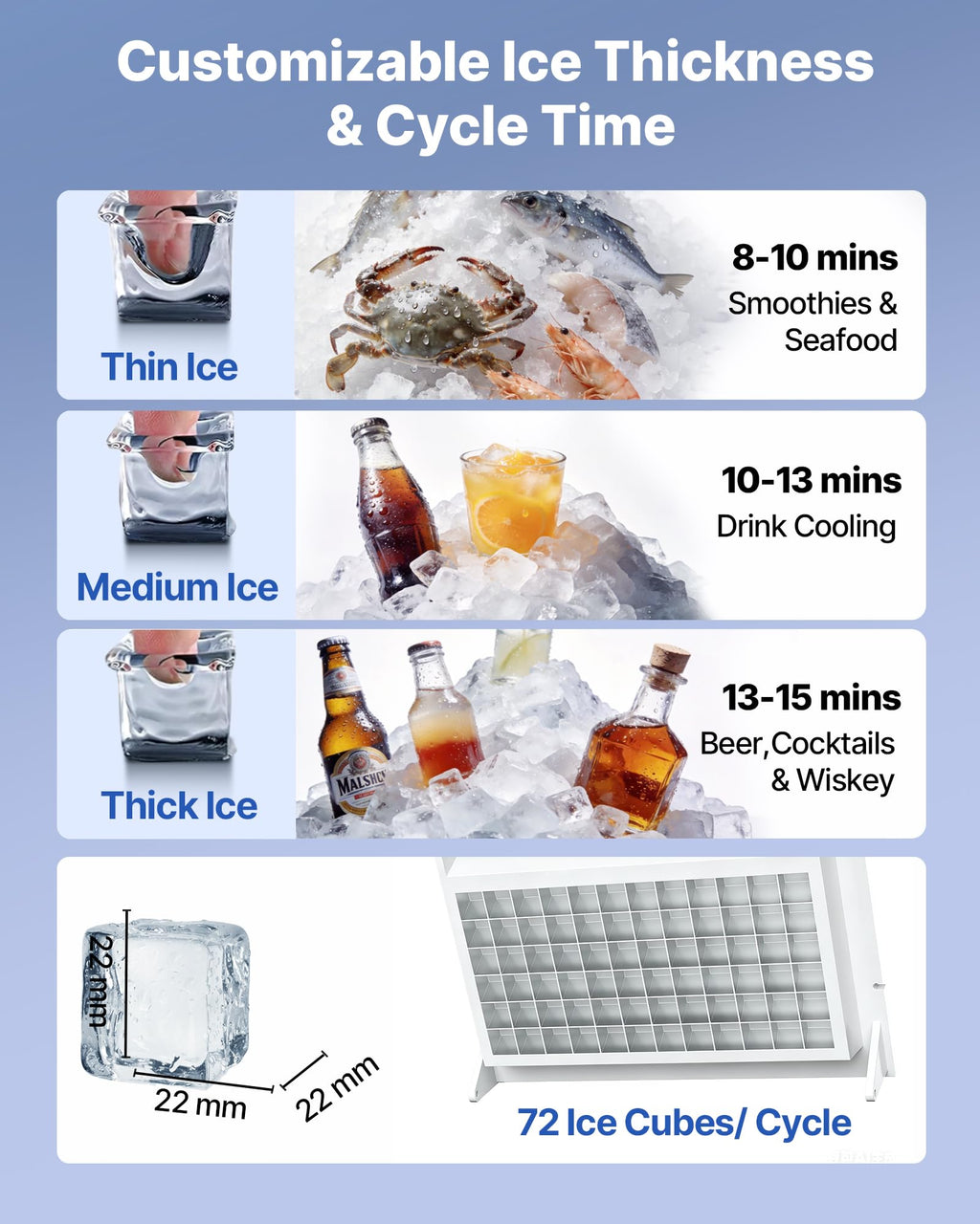 VEVOR Commercial Ice Maker Machine, 100 lbs/24h with 30-35 lbs Storage, Bullet Ice,Built-in/Freestanding/Under Counter, Stainless Steel Ice Maker with LED Display for Home Bar Restaurant