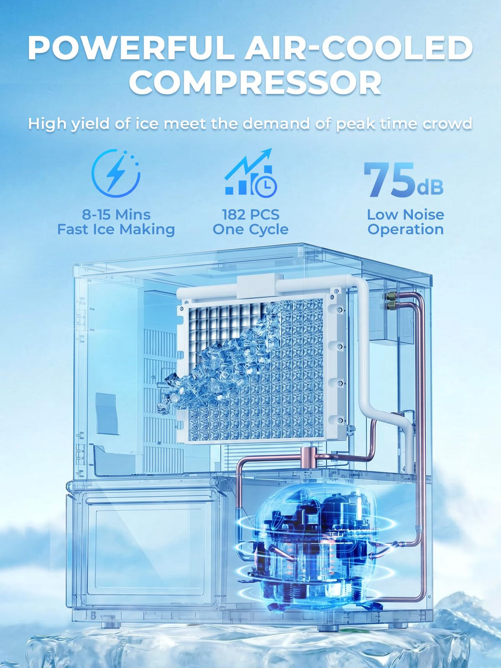 Commercial Ice Maker Machine 380LBS/24H, 250LBS Stainless Steel Storage Bin, 132 Ice Cubes in 8-15min, Self-Cleaning, Air Cooled Ice Machine with Touchscreen for Bar Business Restaurant Cafe (380 lbs)