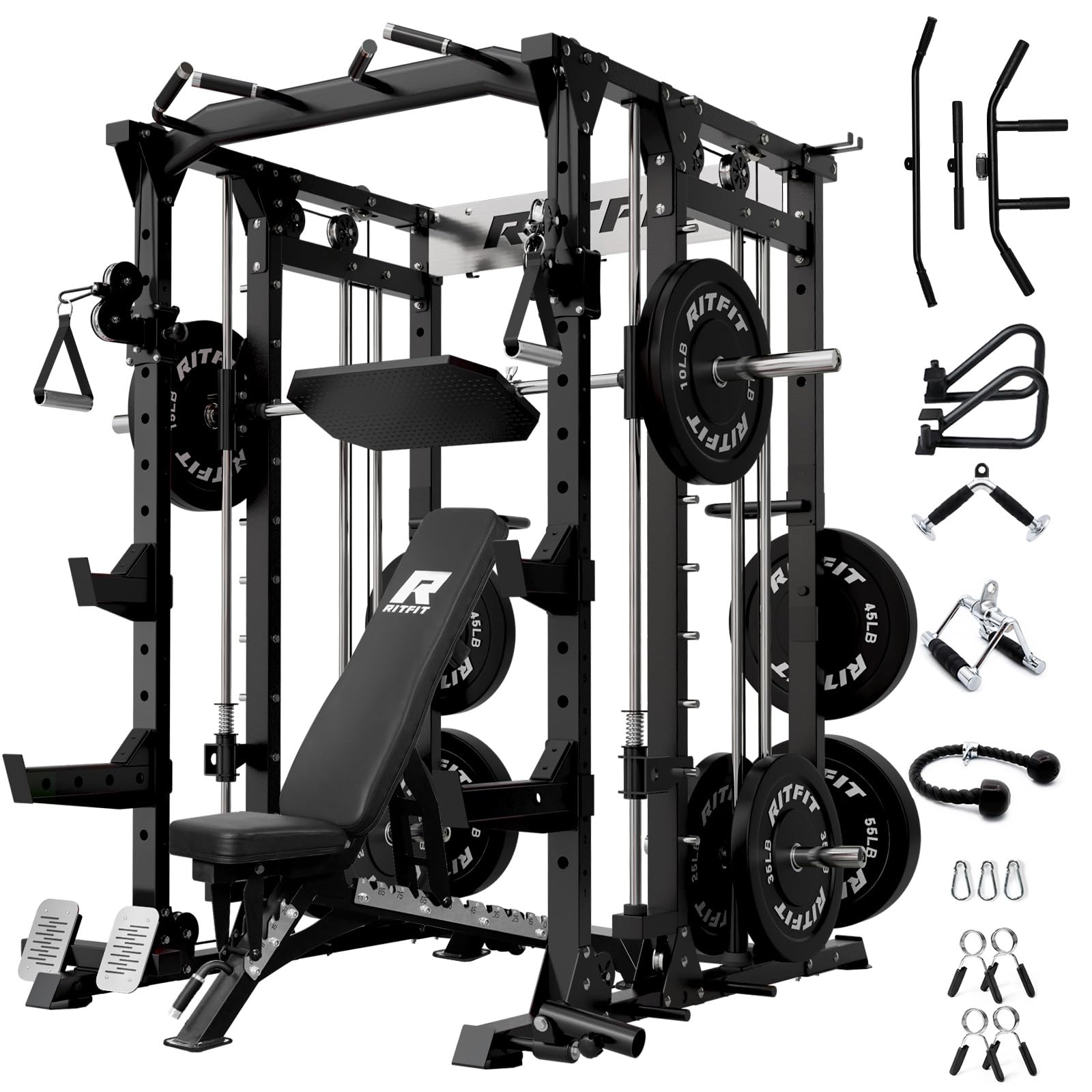 RitFit Buffalo Smith Machine, Power cage with LAT-Pull Down System & Cable Crossover System, All-in-One Squat Rack for Home Gym, Power Rack