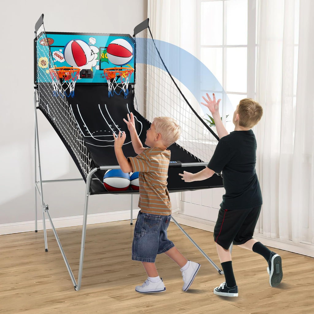 KOTEK Basketball Arcade Game Indoor, Foldable Dual Shot Electronic Basketball Games for 2 Players w/8 Game Options & LED Scoring System, Basketball Hoop Arcade for Family Home Play (Green)