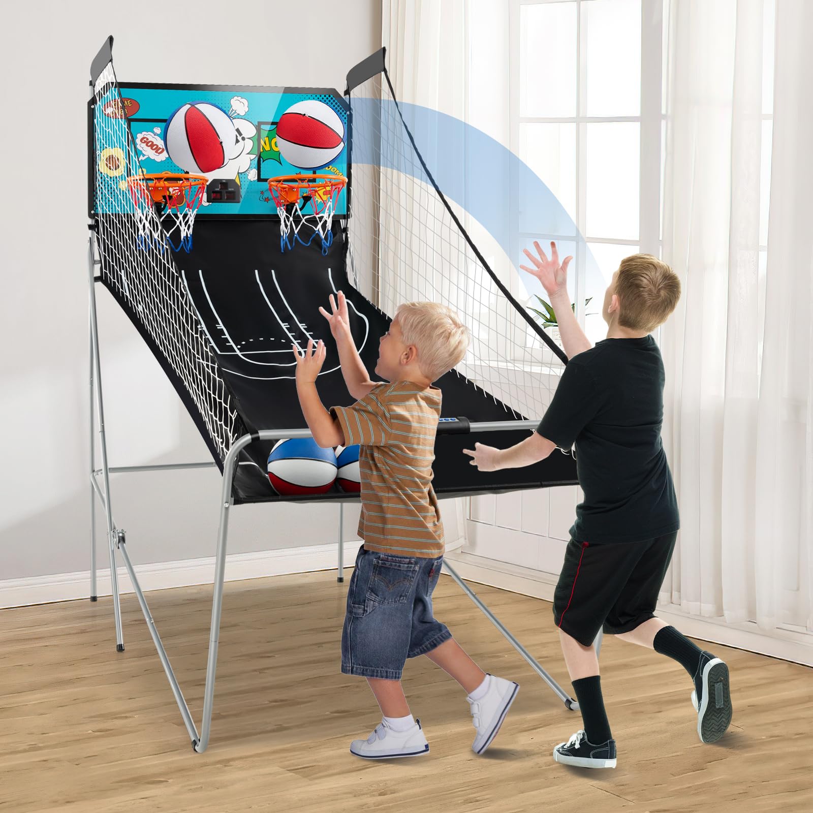 KOTEK Basketball Arcade Game Indoor, Foldable Dual Shot Electronic Basketball Games for 2 Players w/8 Game Options & LED Scoring System, Basketball Hoop Arcade for Family Home Play (Green)