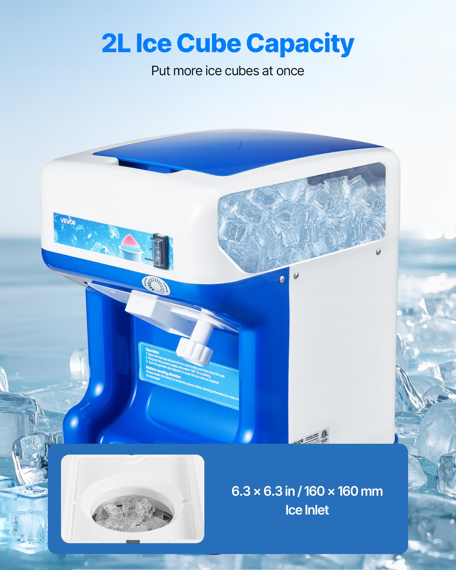 VEVOR Ice Shaver Machine Electric Snow Cone Machine, 265 LBS/H Shaved Ice Machine 250W Ice Crusher Triple Blades Tabletop Shaved Ice Maker with Adjustable Fineness for Home and Commercial Use