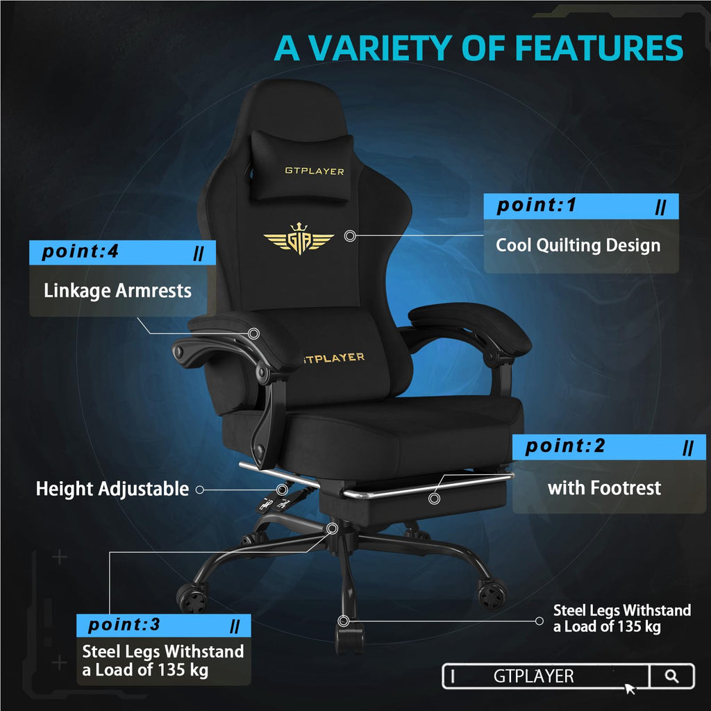 GTPLAYER Gaming Chair with Pocket Spring Cushion, Big and Tall Gamings Chairs 350LBS High Back Computer Chair with Footrest for Adults Lumbar Support Swivel Game Chair for Office,Leather Black-Massage
