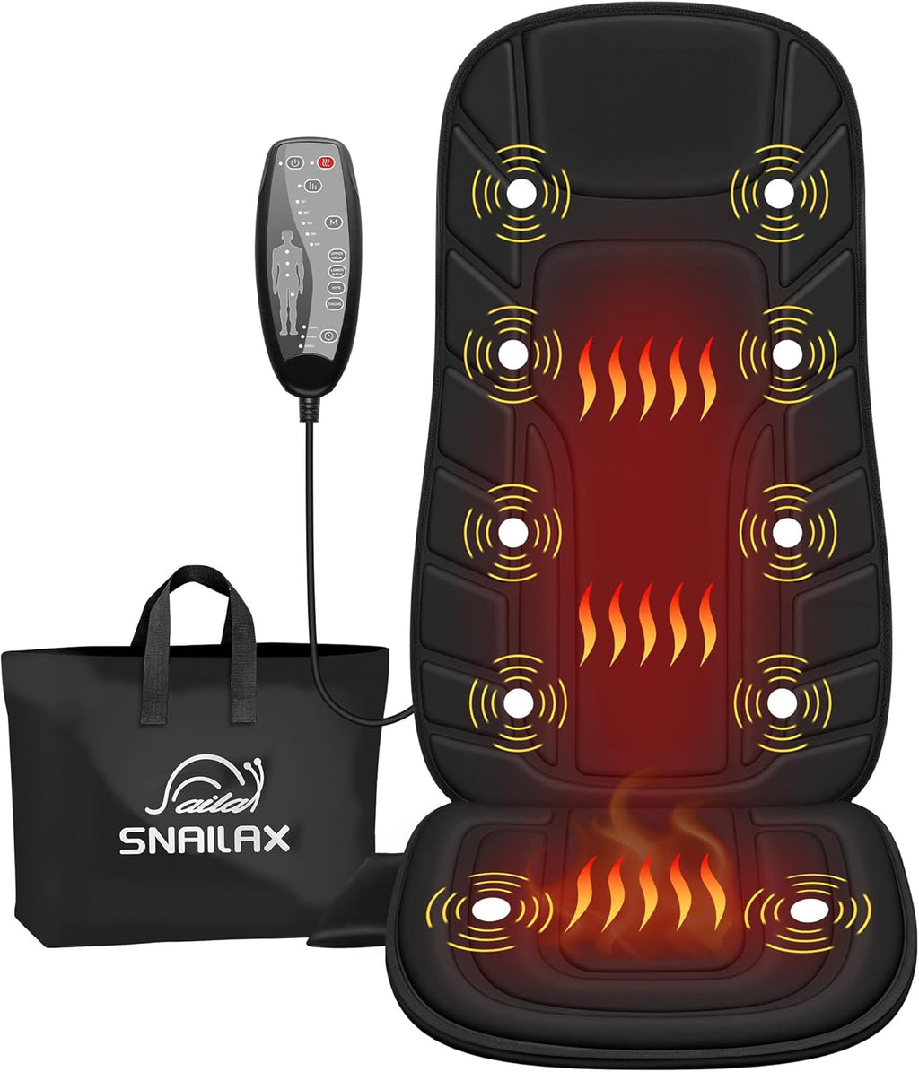 Snailax Back Massager with Heat - Massage Seat Cushion with 10 Motors, Massage Chair Pad for Home Office Use, 5 Modes & 3 Intensity Levels, 2 Heat Settings with 30-60-90 Mins Timer, Gifts for Him Dad