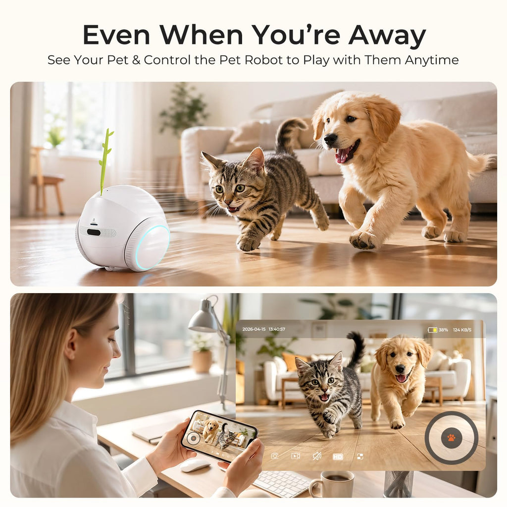 Vivideye Pet Camera 1080P, Movable Robot Security Camera for Dog Cat, Rolling Robot Indoor Camera with Talk,Battery-Operated, Auto-Recharge, Night Vision,SD/Cloud Storage, Pet/Human/Voice Detection
