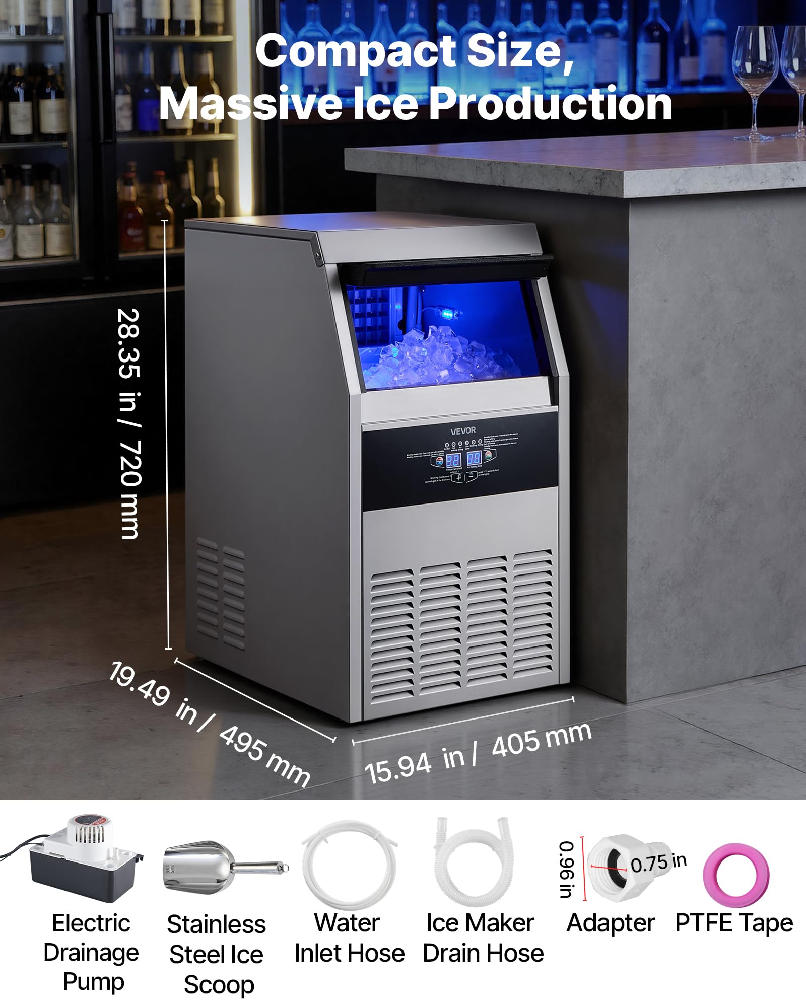 VEVOR Commercial Ice Maker Machine with Pump, 360 lbs/24h with 85 lbs Storage Capacity, Built-in/Freestanding/Under Counter, Stainless Steel Ice Maker with LED Display & Self-Cleaning, for Home Bar