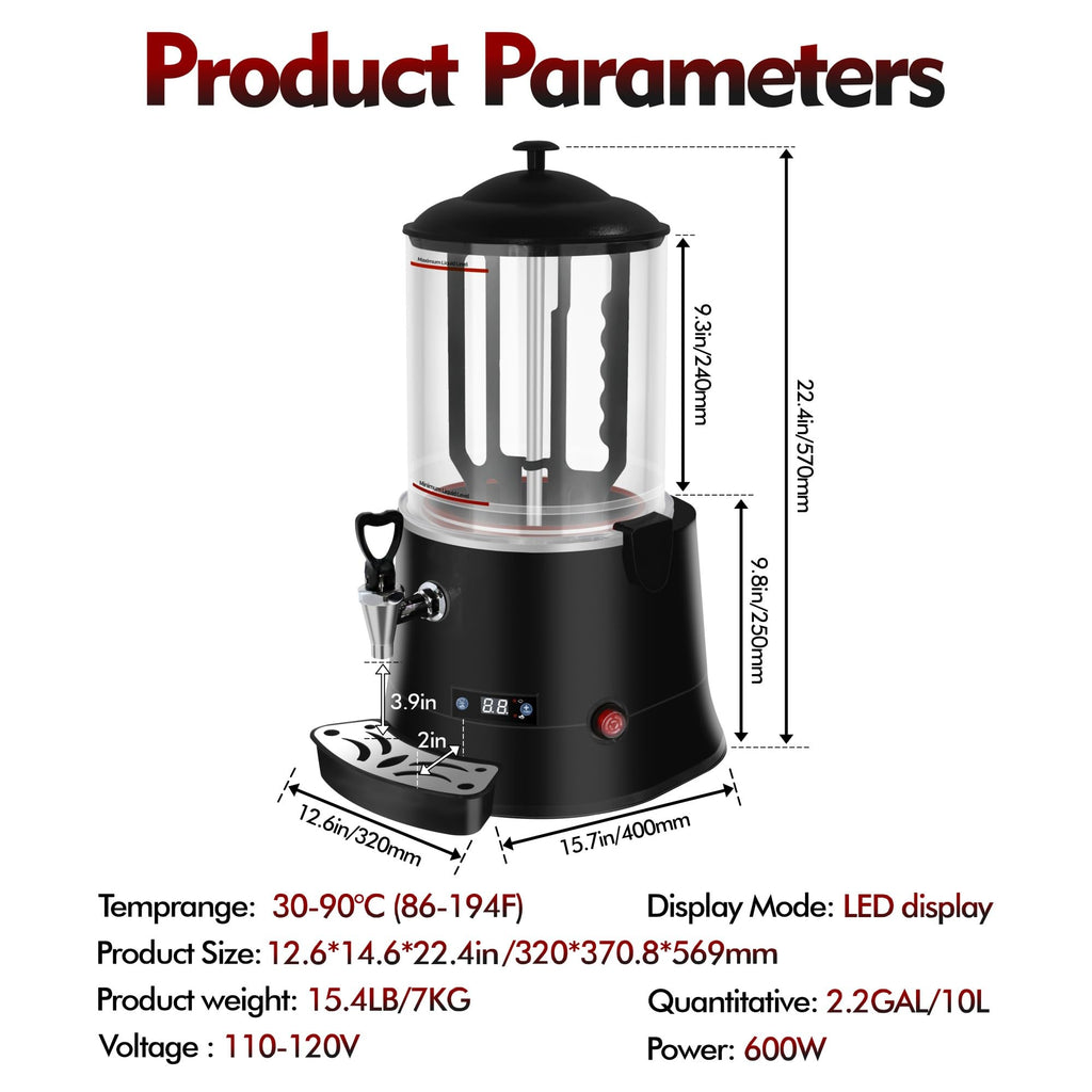 10L/2.6Gal Commercial Hot Chocolate Machine,Hot Beverage Maker, 86-194°F Intelligent Temperature Control, Hot Drink Dispenser for Coffee, Chocolate, Cocoa, Milk, Tea, Juice, Black