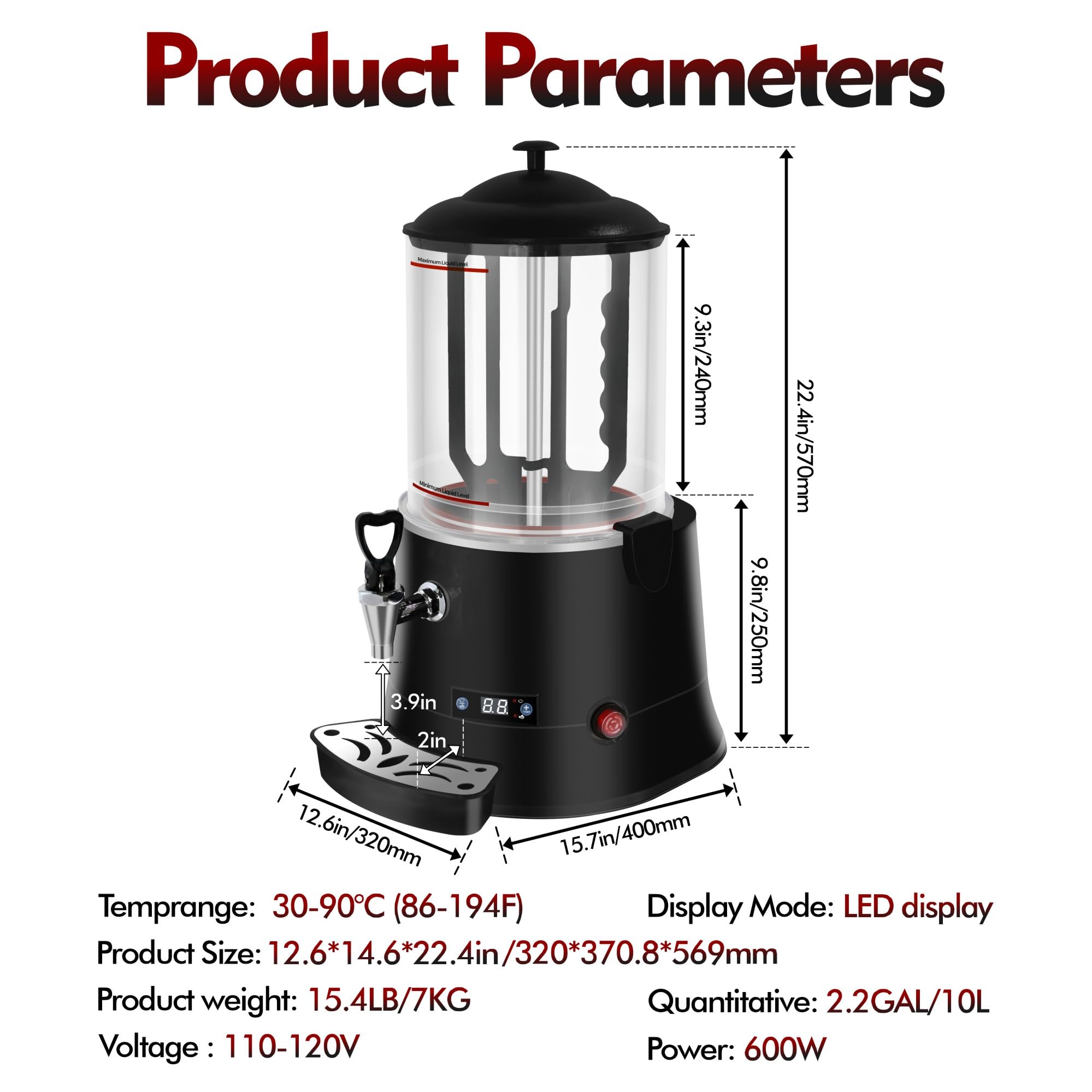 10L/2.6Gal Commercial Hot Chocolate Machine,Hot Beverage Maker, 86-194°F Intelligent Temperature Control, Hot Drink Dispenser for Coffee, Chocolate, Cocoa, Milk, Tea, Juice, Black