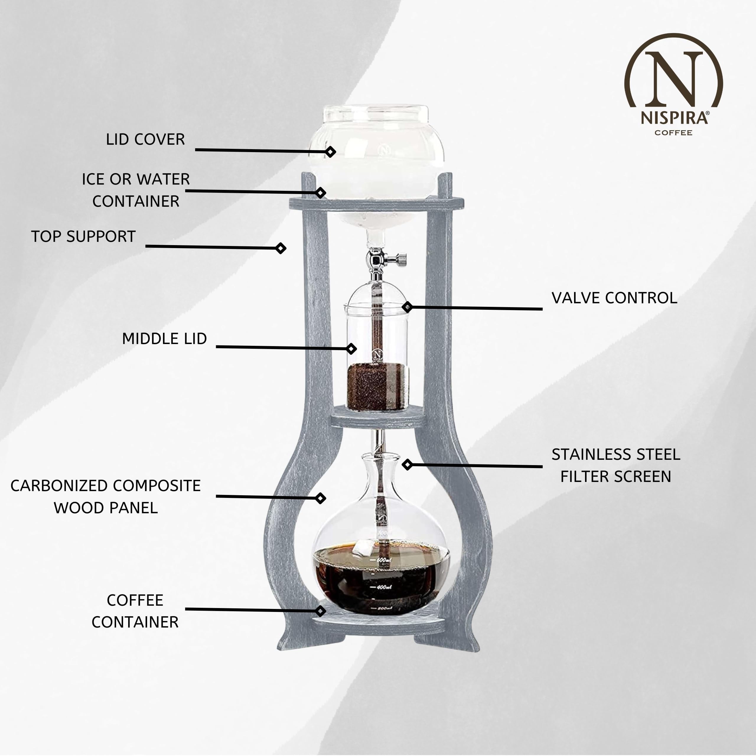 Nispira Cold Brew Drip Tower Iced Coffee Maker Glass Wooden Stand 25 Cups