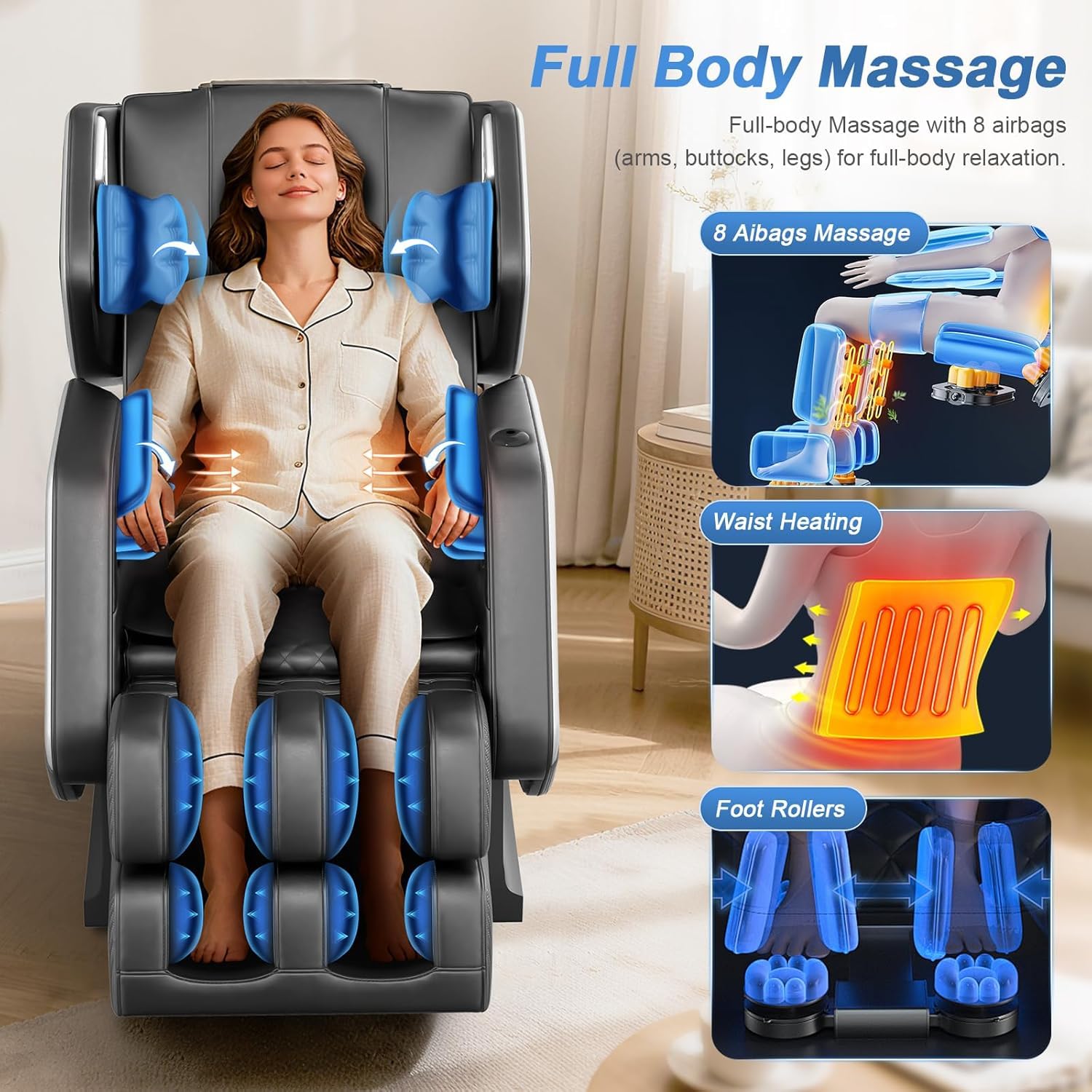 Massage Chair Full Body, Zero Gravity Massage Chair 2026 for Back Fatigue with 10 Fixed Rollers, Heating, Airbags, Phone Controller, Nightlights, Bluetooth Speaker for Living Room, Bedroom