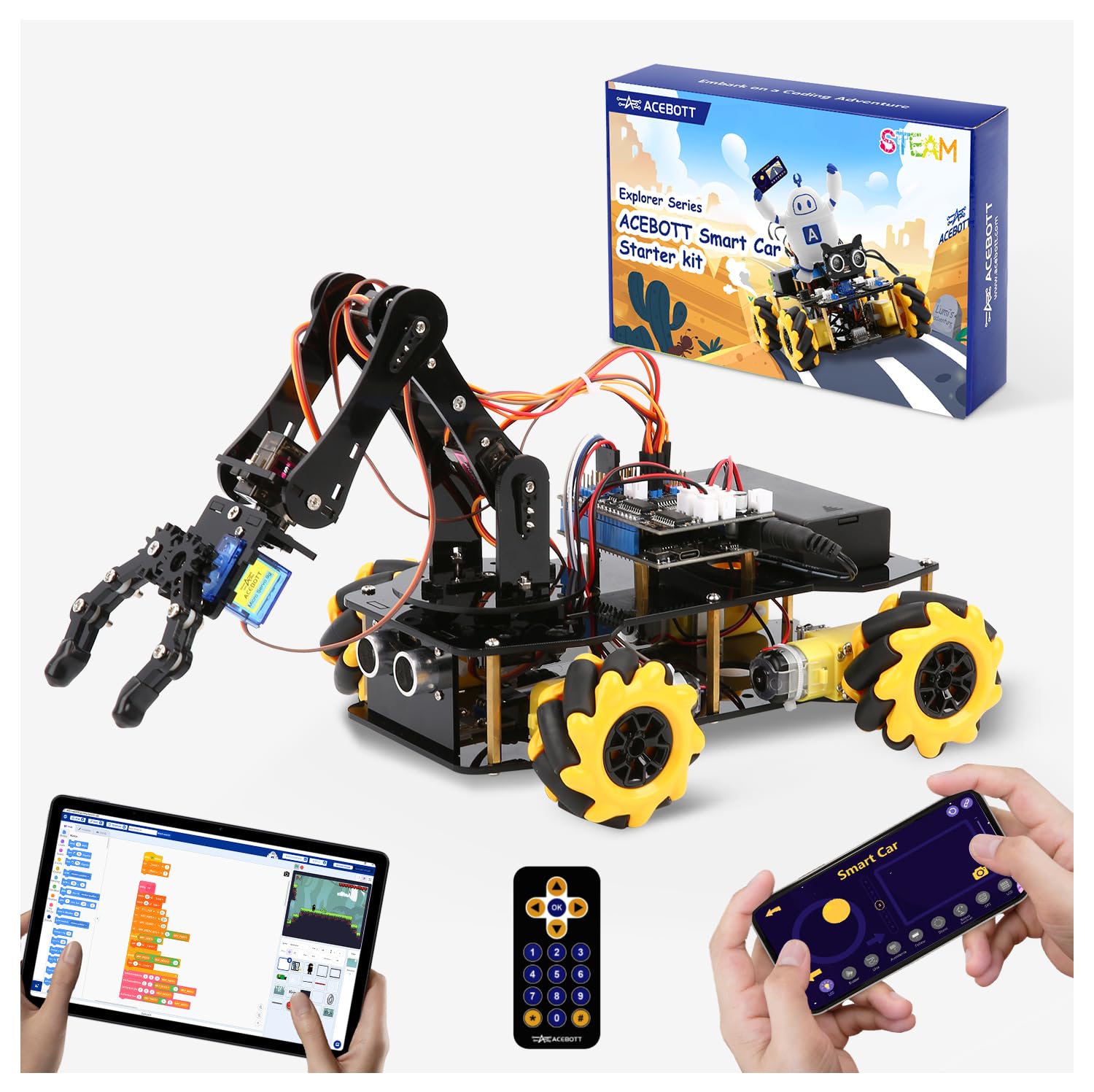 ACEBOTT Robotics for Kids Ages 8-12, Smart Robot Arm Car Kit with 5DOF, STEM Toys for Boys Age 8-12 12-16+, ESP32 Arduino/Python/Blockly Coding, App & Remote Control, STEM DIY Gift for Teens & Adults