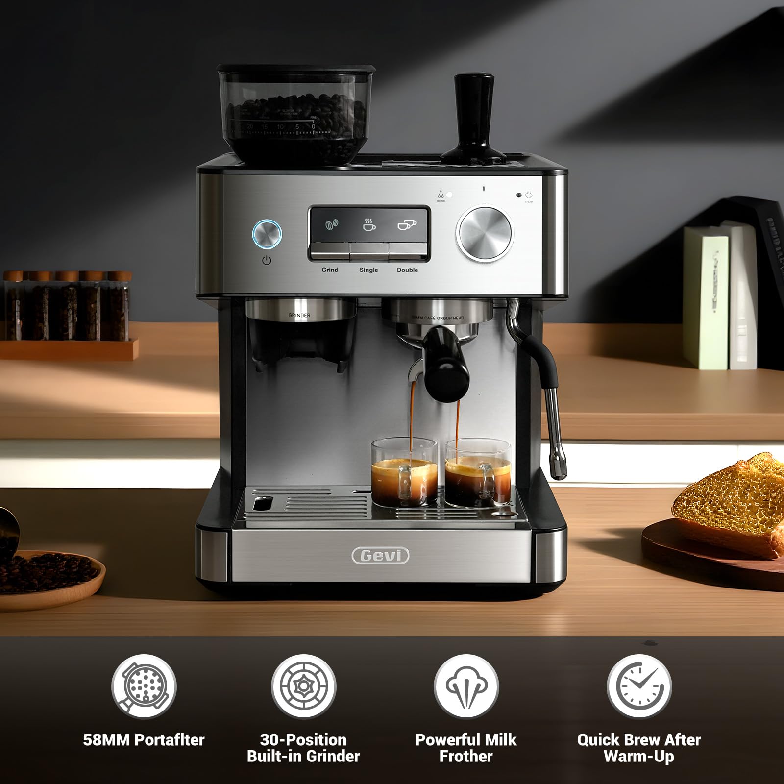 Gevi 20 Bar Espresso Machine with Built-in Grinder & Milk Frother | Professional Coffee Maker for Home | Cappuccino, Latte, 2.3L Removable Water Tank, Stainless Steel Steam Wand