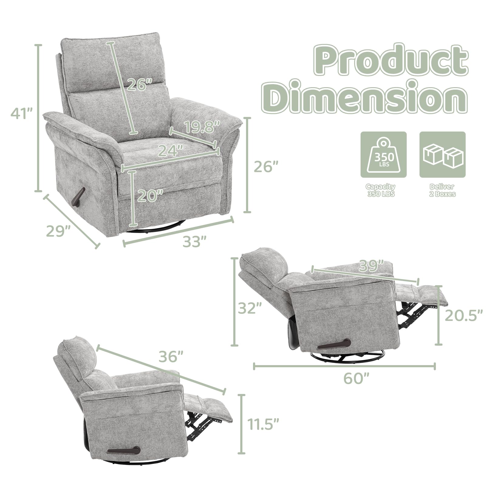Oversized Rocking Chair Nursery with Massage and Heat, Glider Recliner Nursery Chair with Adjustable Headrest, Power Swivel Rocker Recliner Chair with USB Port, Dark Grey