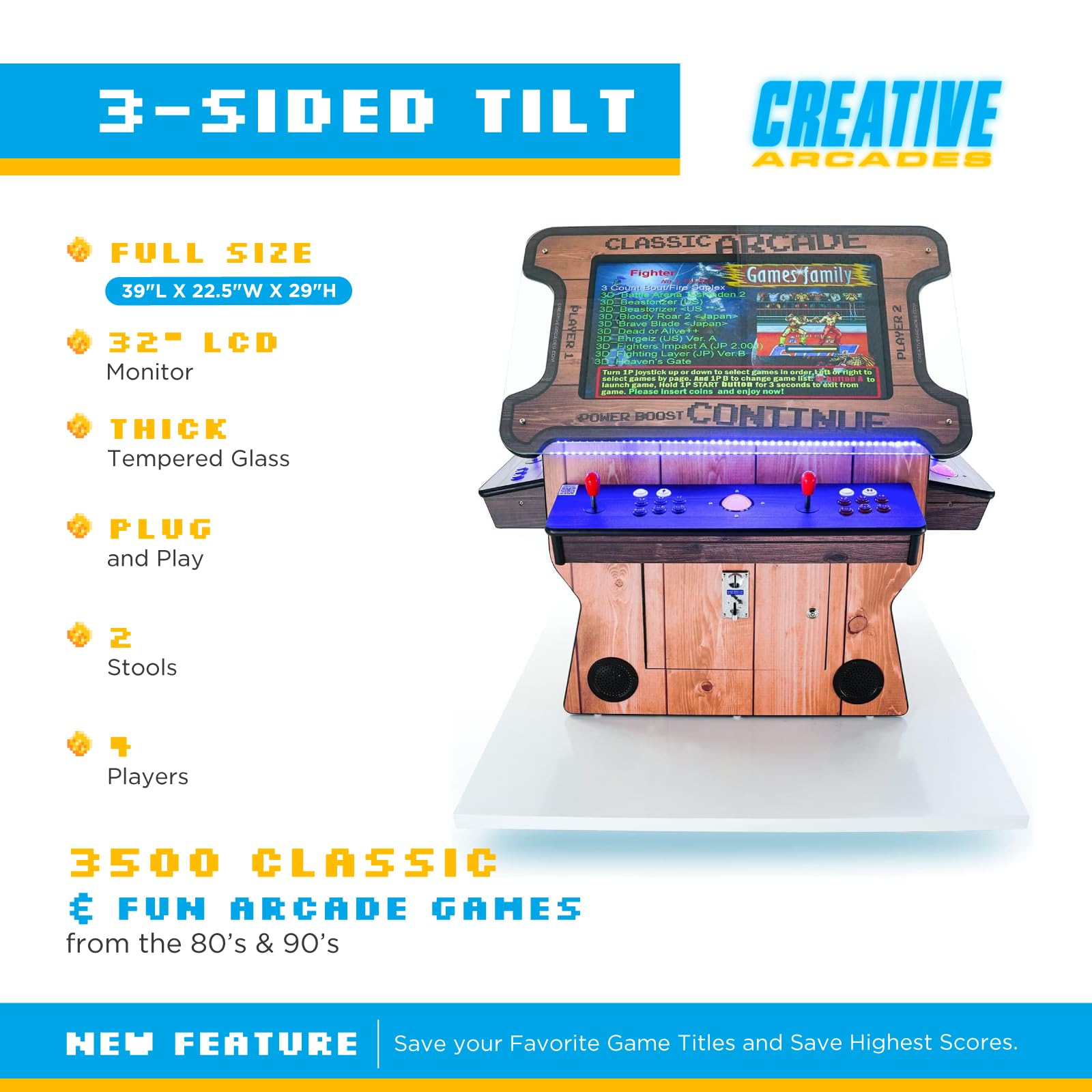 Creative Arcades Full Size Commercial Grade Cocktail Arcade Machine w/Lifting Screen | Trackball | Three-Sided | 4 Sanwa Joysticks | 2 Stools (4500 Games & 32" Screen & Woodgrain Edition)