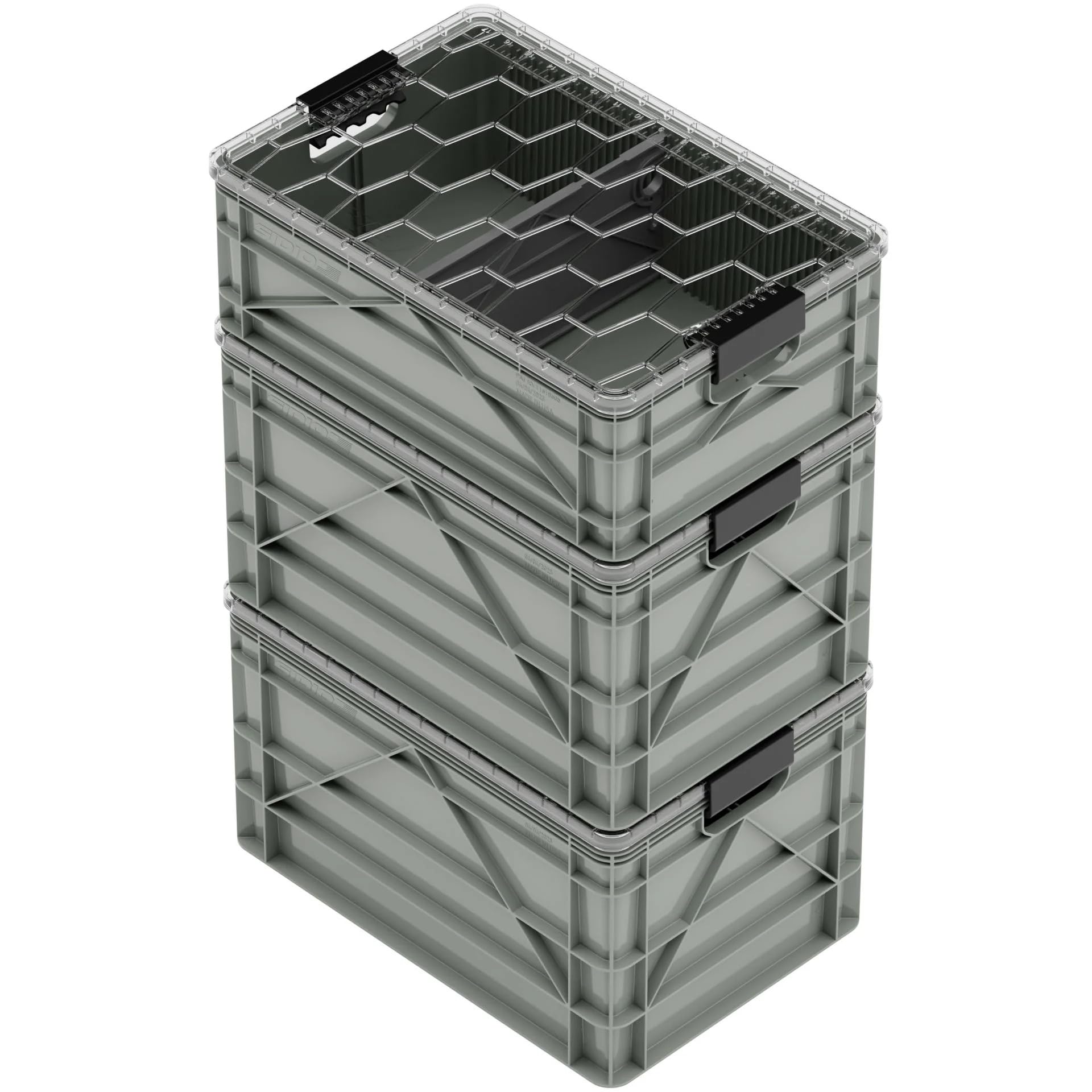 SIDIO CRATE Starter Pack - Two Full Size and One Half Size SidioCrate, Stackable Outdoor Organizer Storage Bins with Clear Lid and Dividers - Tan