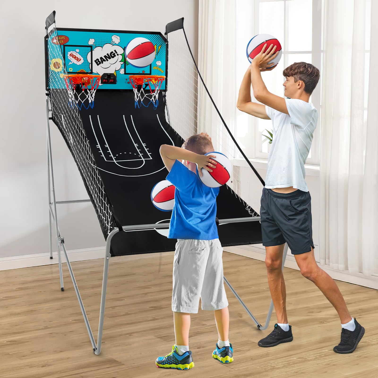 Giantex Foldable Basketball Arcade Game, 8 Game Options, Electronic Double Shot 2 Player w/ 4 Balls and LED Scoring System, Indoor Basketball Game for Kids, Adults