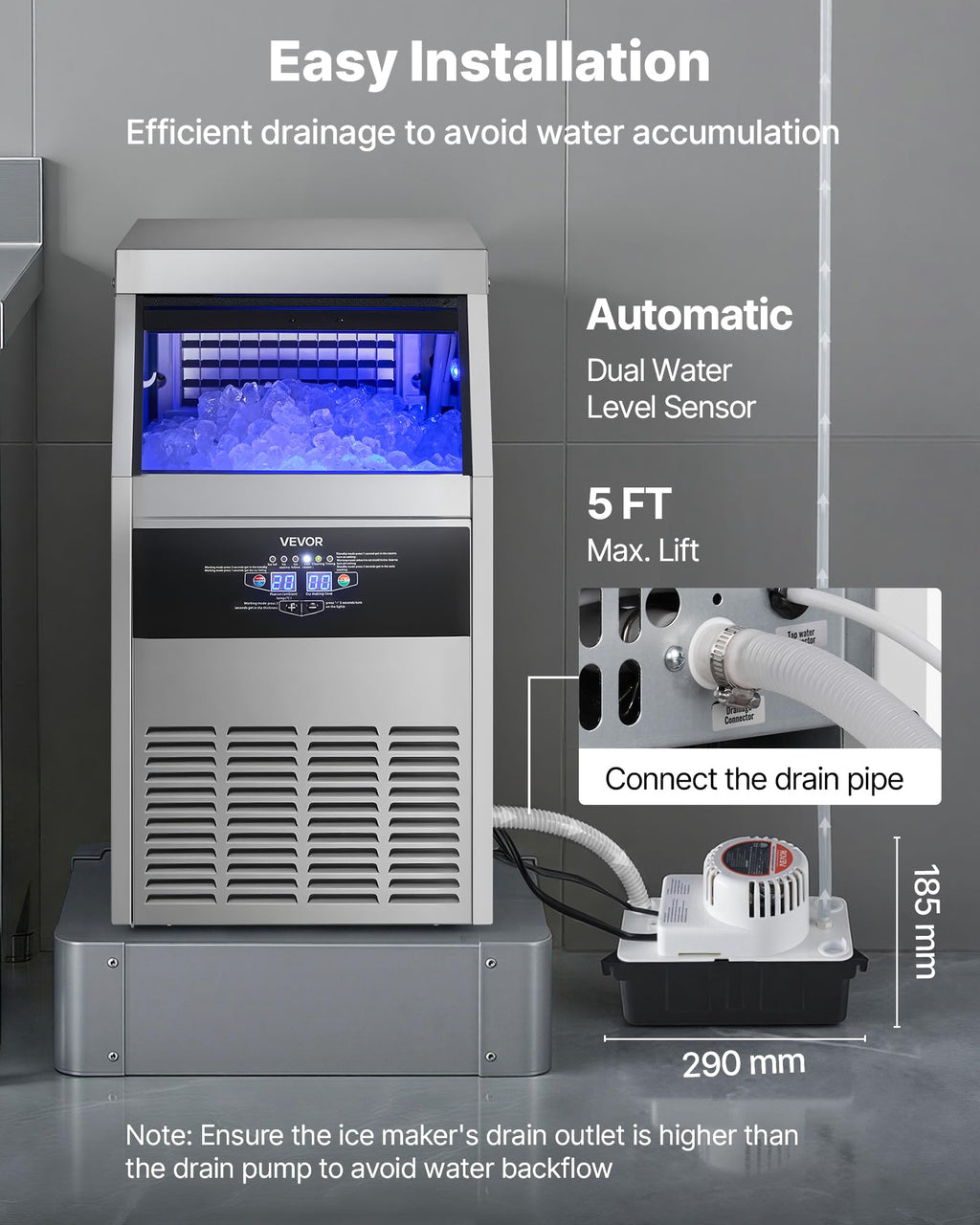 VEVOR Commercial Ice Maker Machine with Pump, 360 lbs/24h with 85 lbs Storage Capacity, Built-in/Freestanding/Under Counter, Stainless Steel Ice Maker with LED Display & Self-Cleaning, for Home Bar