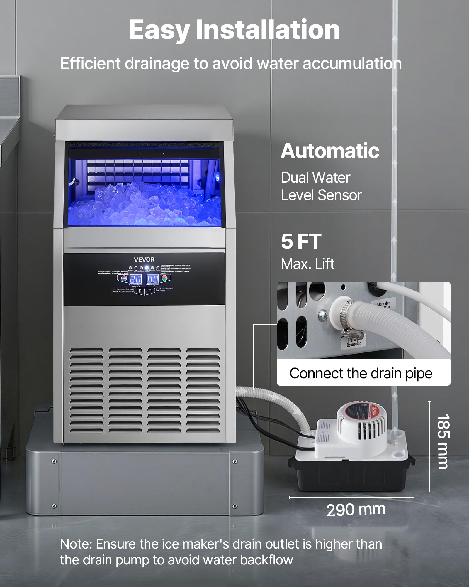 VEVOR Commercial Ice Maker Machine with Pump, 360 lbs/24h with 85 lbs Storage Capacity, Built-in/Freestanding/Under Counter, Stainless Steel Ice Maker with LED Display & Self-Cleaning, for Home Bar