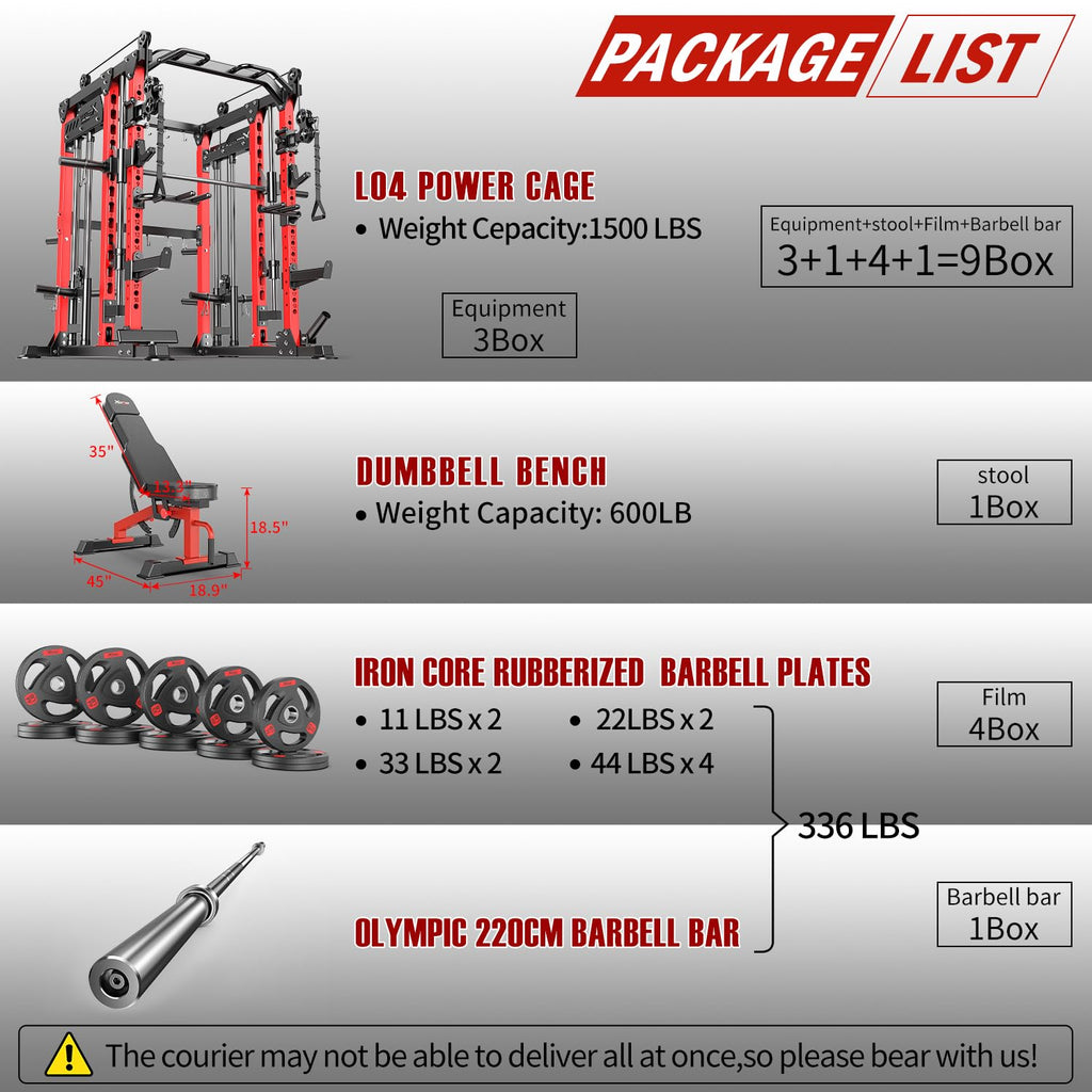 Smith Machine with Cable Crossover System, Multi-Function Power Cage Squat Rack for Home Gym, Power Rack and Packages Weight Sets.
