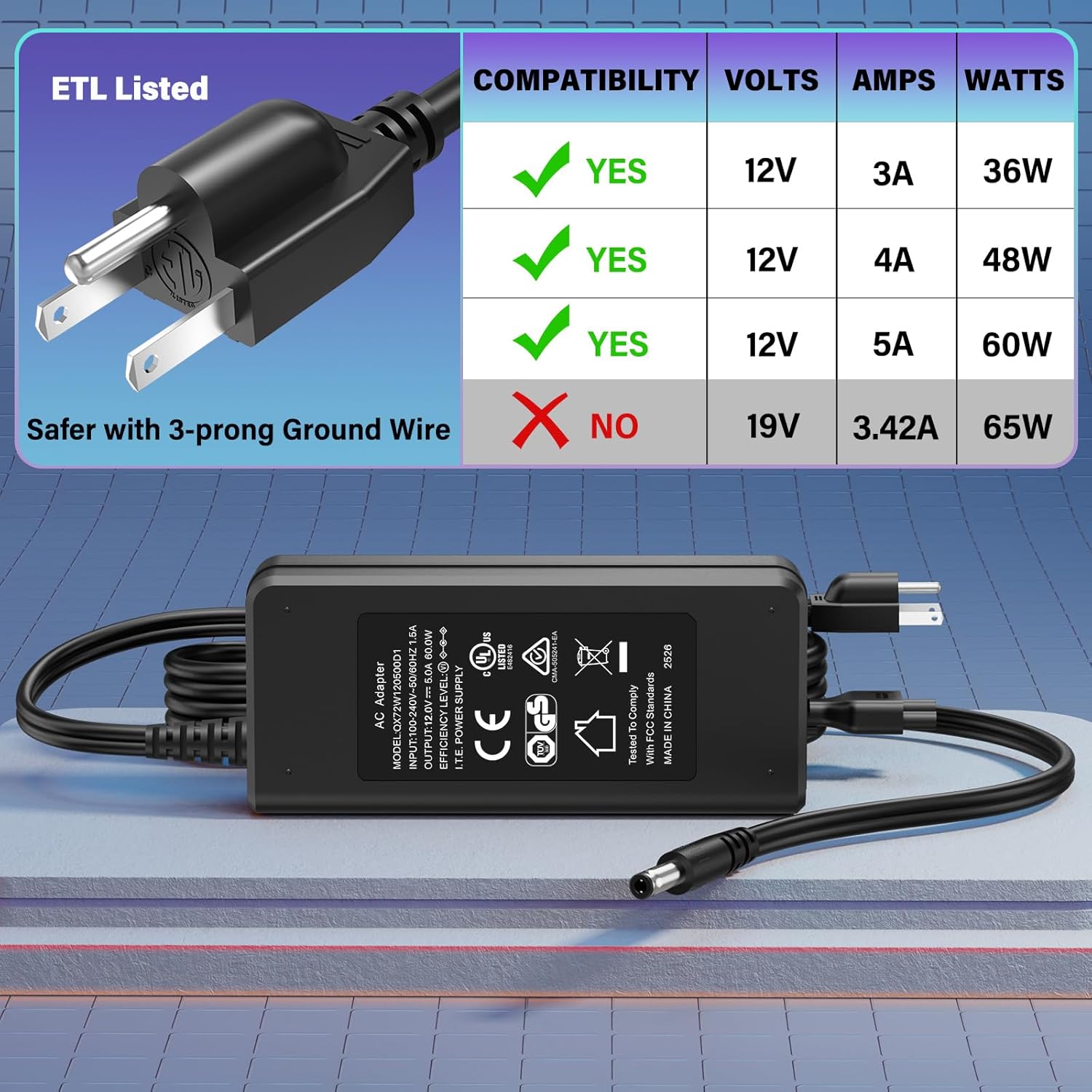 12V Charger for Arcade1up Game Machine, Power Cord AC Adapter for ARCADE1UP Riser Cocktail Table Arcade 1up RYJ0136PAU0 RYJ0136PAU1 RYJ0136PAU2 RYJ0136PAU3 RYJ0136PAU4 RYJ0136PAU5 BIton BI36-120300-U2