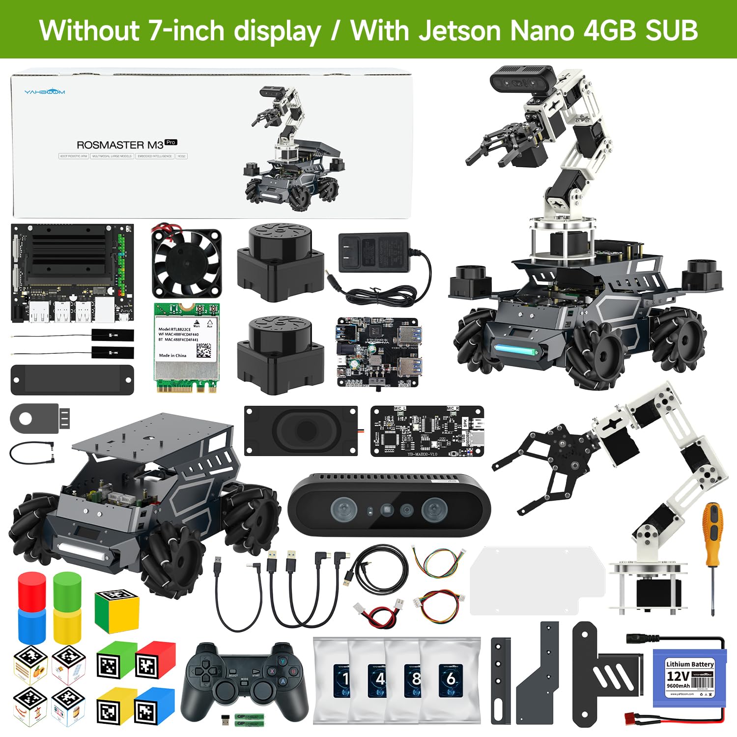 Yahboom ROS2 Robot Kit with Jetson Orin Nano 8GB Super Large AI Model with 6DOF Robotic Arm, 7-inch HD Display,AI Voice Interaction Module Provides AI Vision App Control