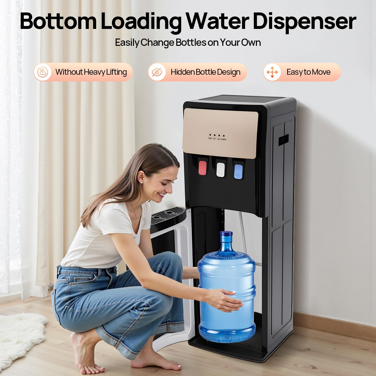 Bottom Loading Water Dispenser for 5 Gallon Bottles - Freestanding Water Cooler with 3 Temperature Hot, Cold & Room Spouts, Water Shortage Alert for Home Office & Gym